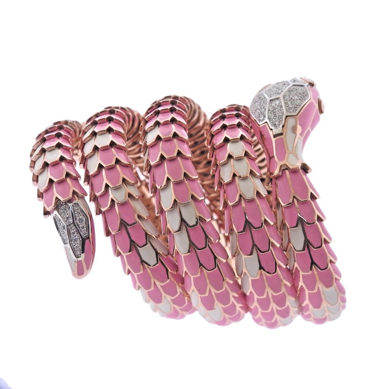 Women's Alexis NY Diamond Ruby Pink Enamel Rose Gold Silver Snake Wrap Bracelet Watch For Sale