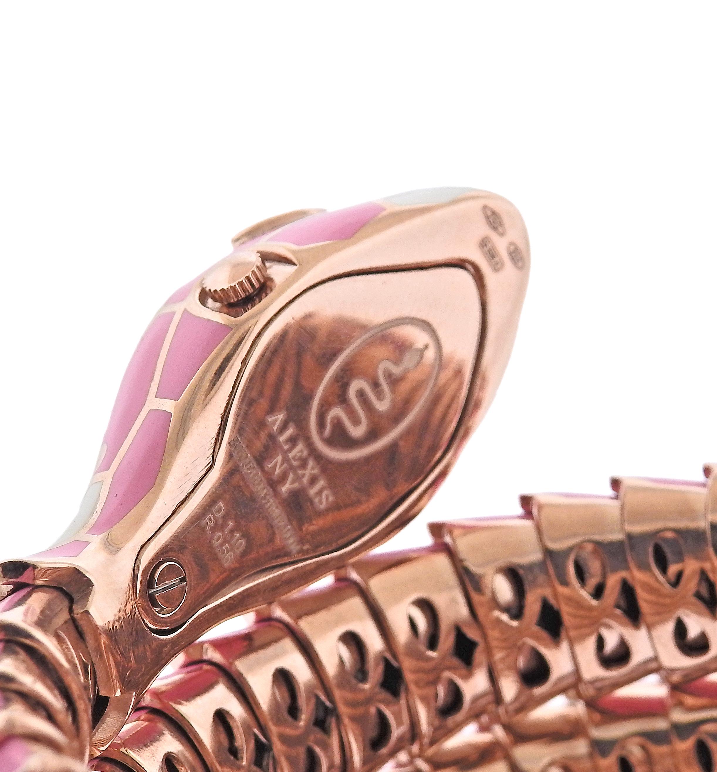 Round Cut Alexis NY Diamond Ruby Pink Enamel Rose Gold Silver Snake Wrap Bracelet Watch
