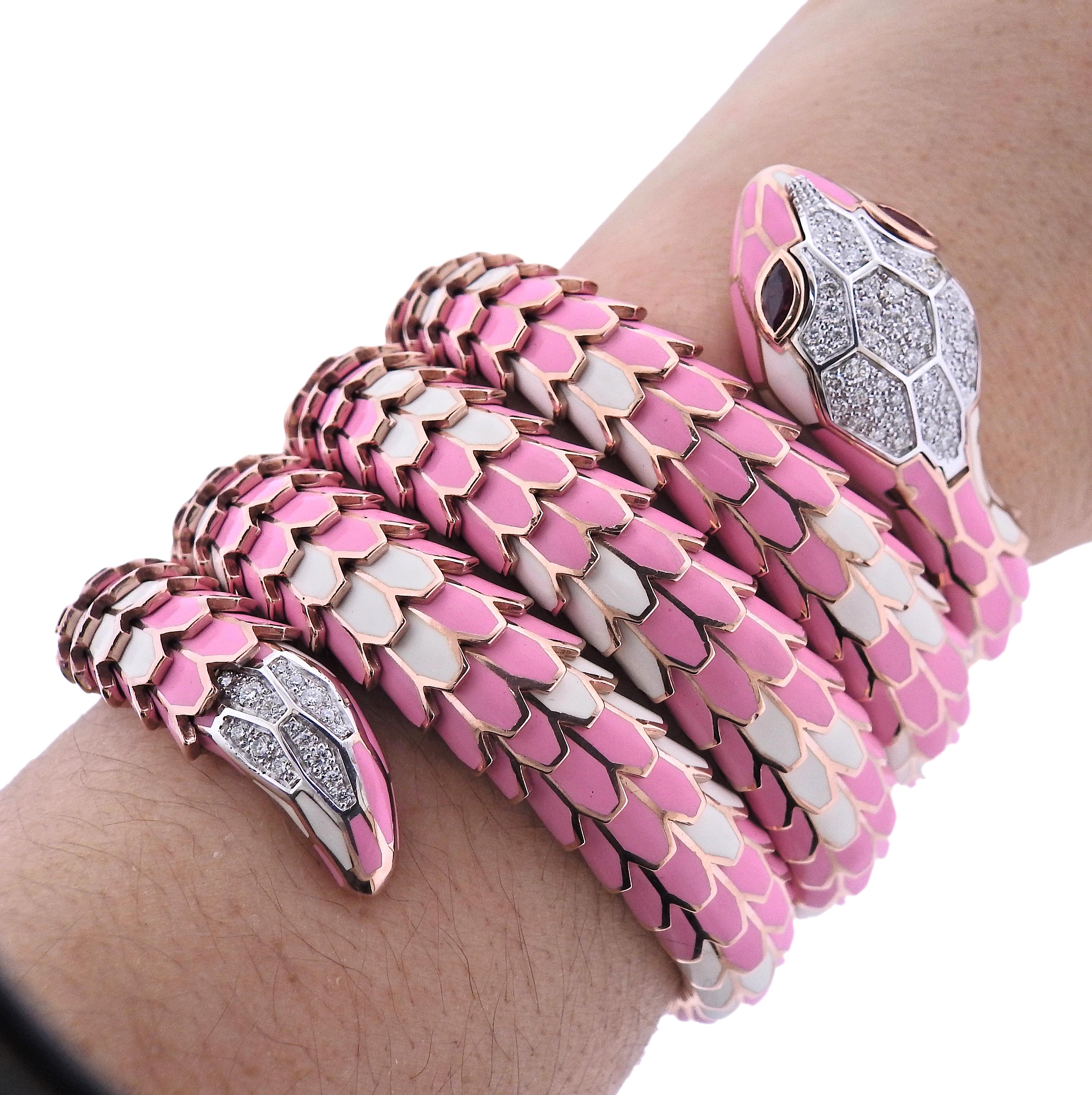 Women's Alexis NY Diamond Ruby Pink Enamel Rose Gold Silver Snake Wrap Bracelet Watch