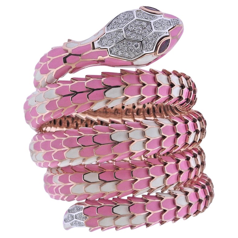 Alexis NY Diamond Ruby Pink Enamel Rose Gold Silver Snake Wrap Bracelet Watch For Sale
