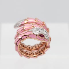 Alexis NY Diamond Ruby Pink Enamel Serpent Wrap Ring in 18K and Sterling