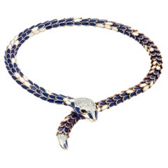 Alexis NY Diamond Sapphire Enamel Serpent Necklace in 18K Gold and Sterling