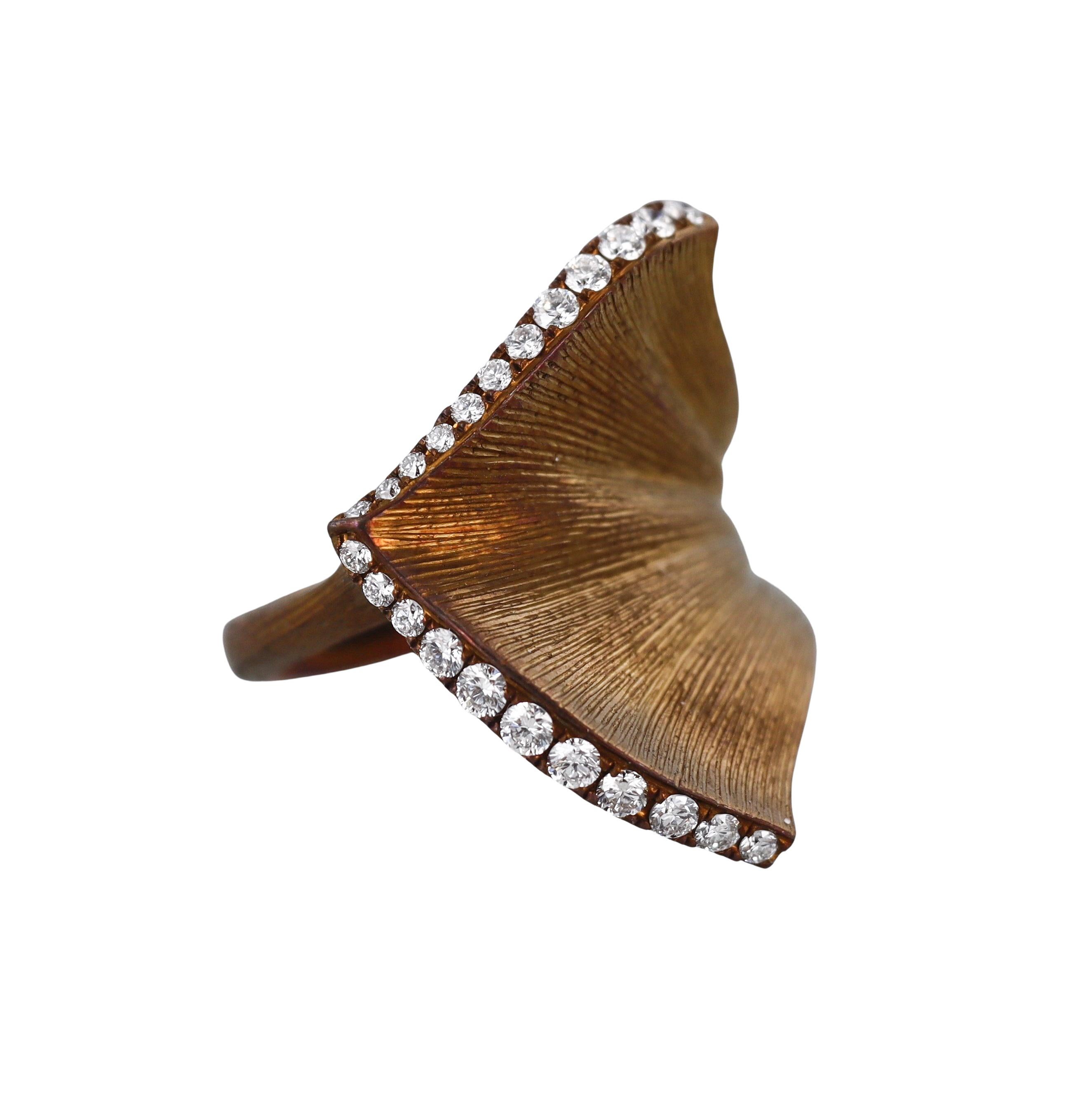 Round Cut Alexis NY Golden Titanium Diamond Leaf Motif Ring For Sale