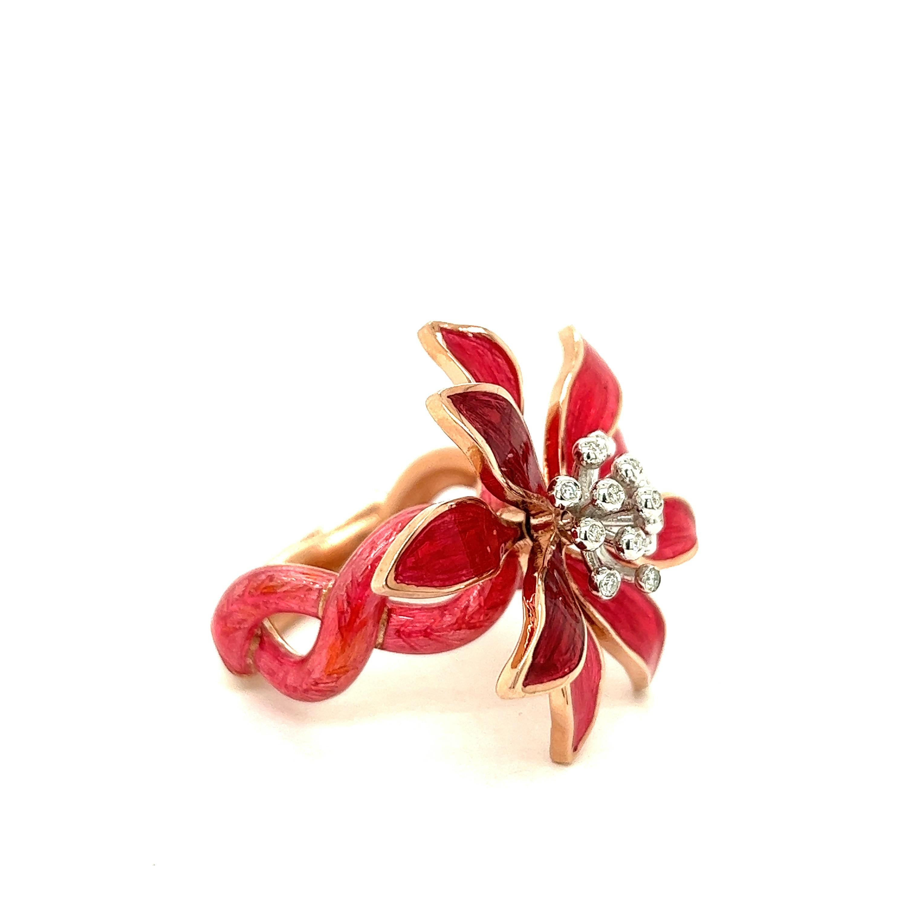 Contemporain Alexis NY Bague à fleurs en émail rose vif en vente