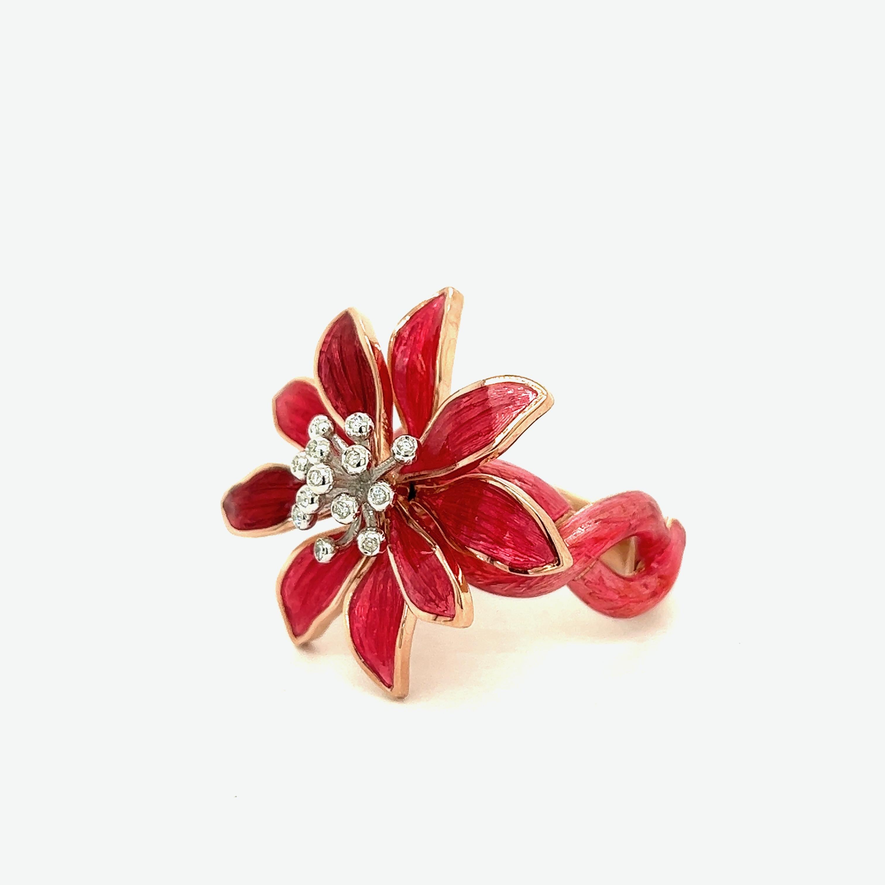 Alexis NY Bague à fleurs en émail rose vif en vente 2