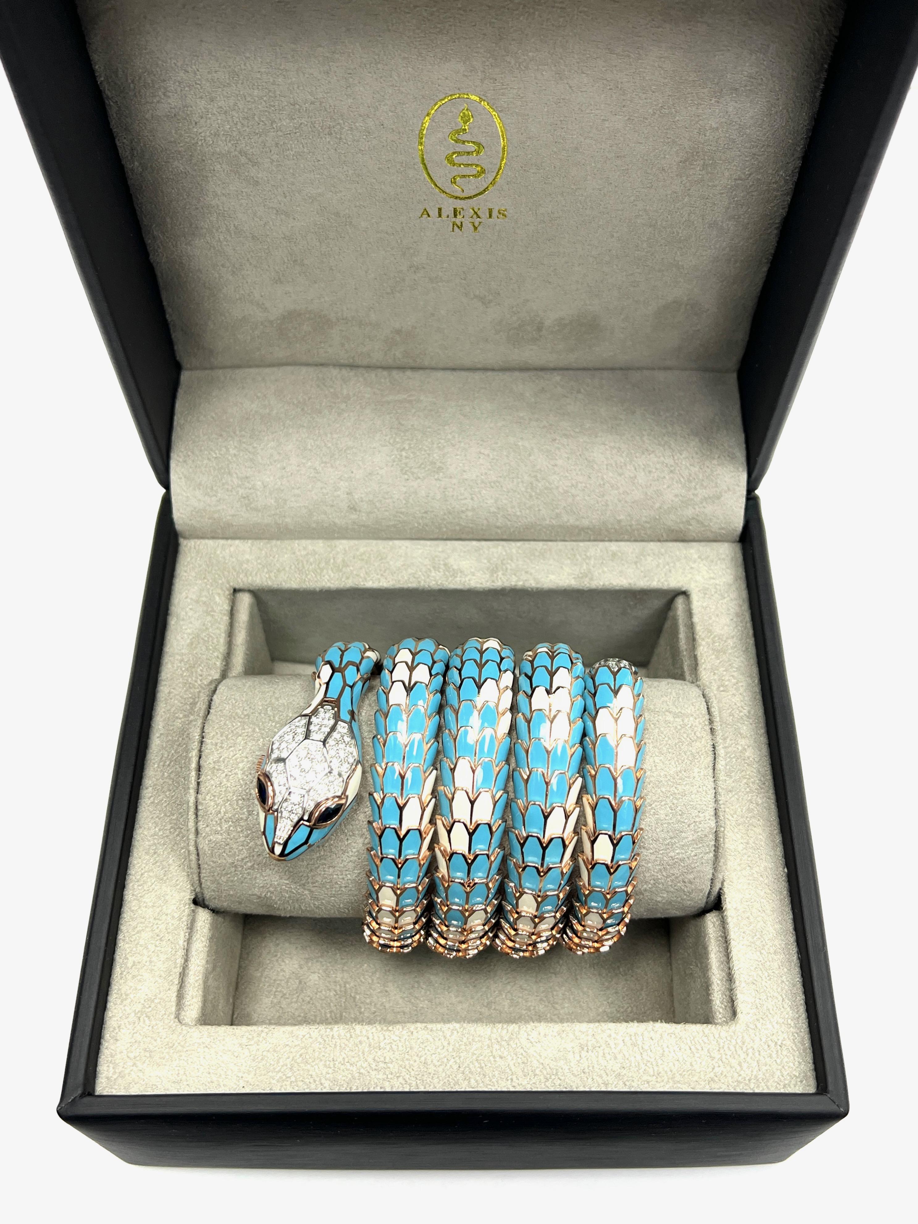 Alexis NY - Bracelet montre à cinq rangs en émail bleu clair et blanc  en vente 3