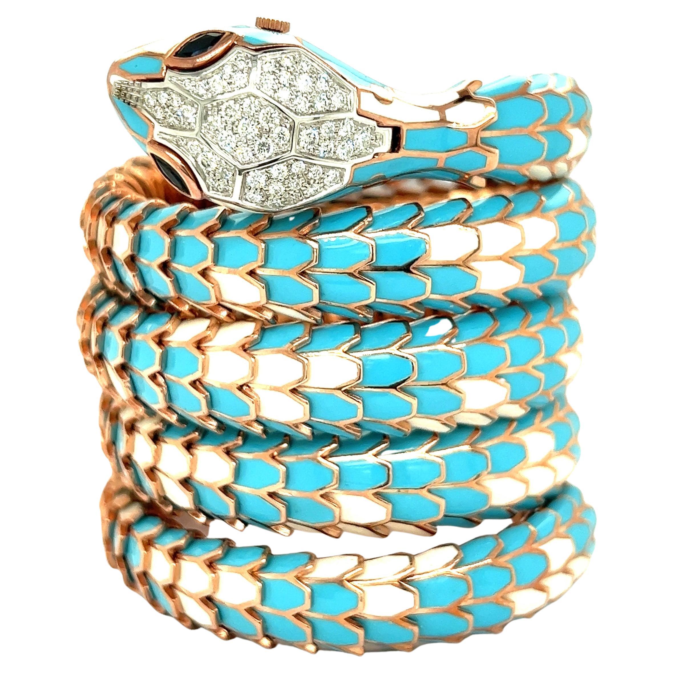 Alexis NY - Bracelet montre à cinq rangs en émail bleu clair et blanc  en vente