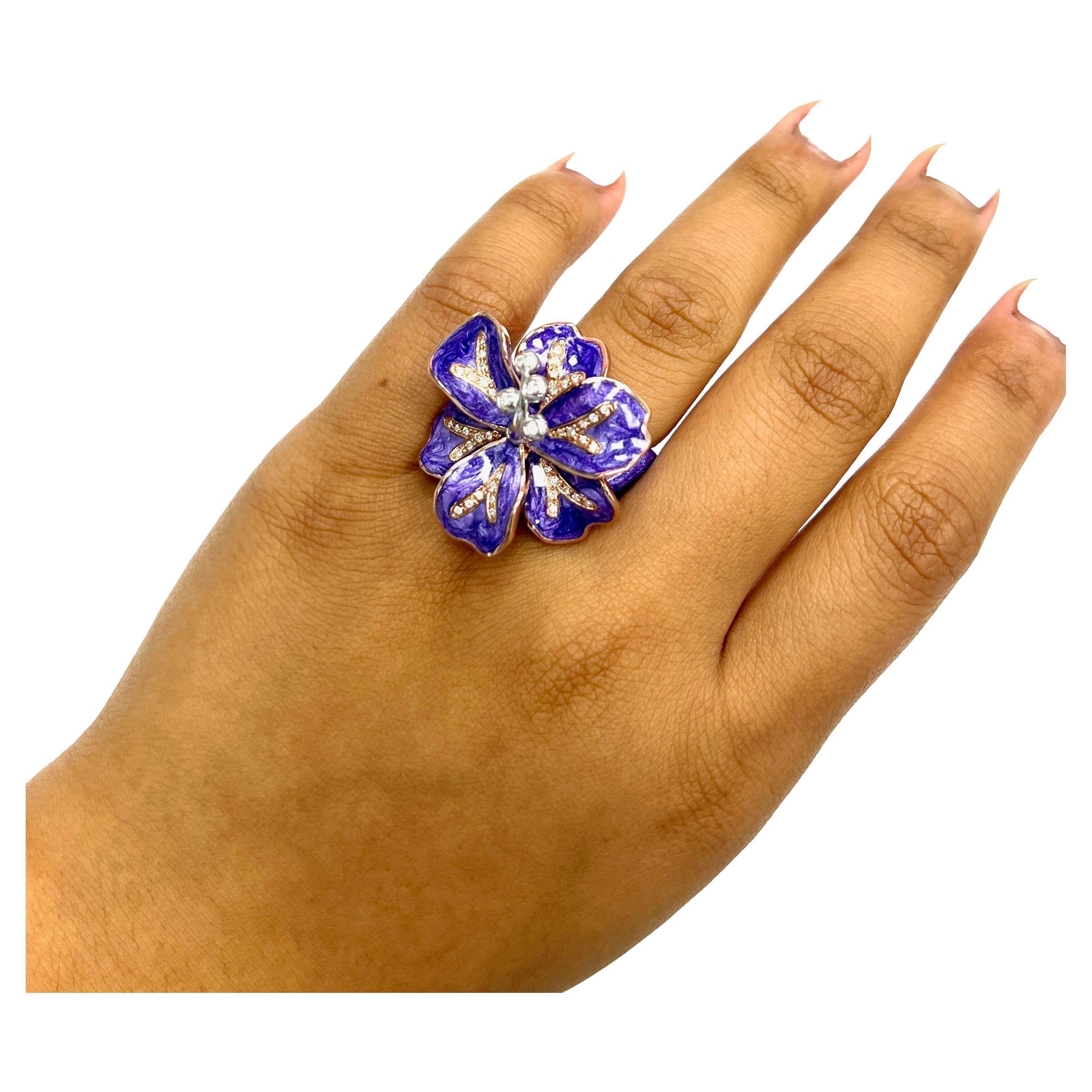 Alexis NY Purple Mother of Pearl Enamel Flower Ring For Sale 6