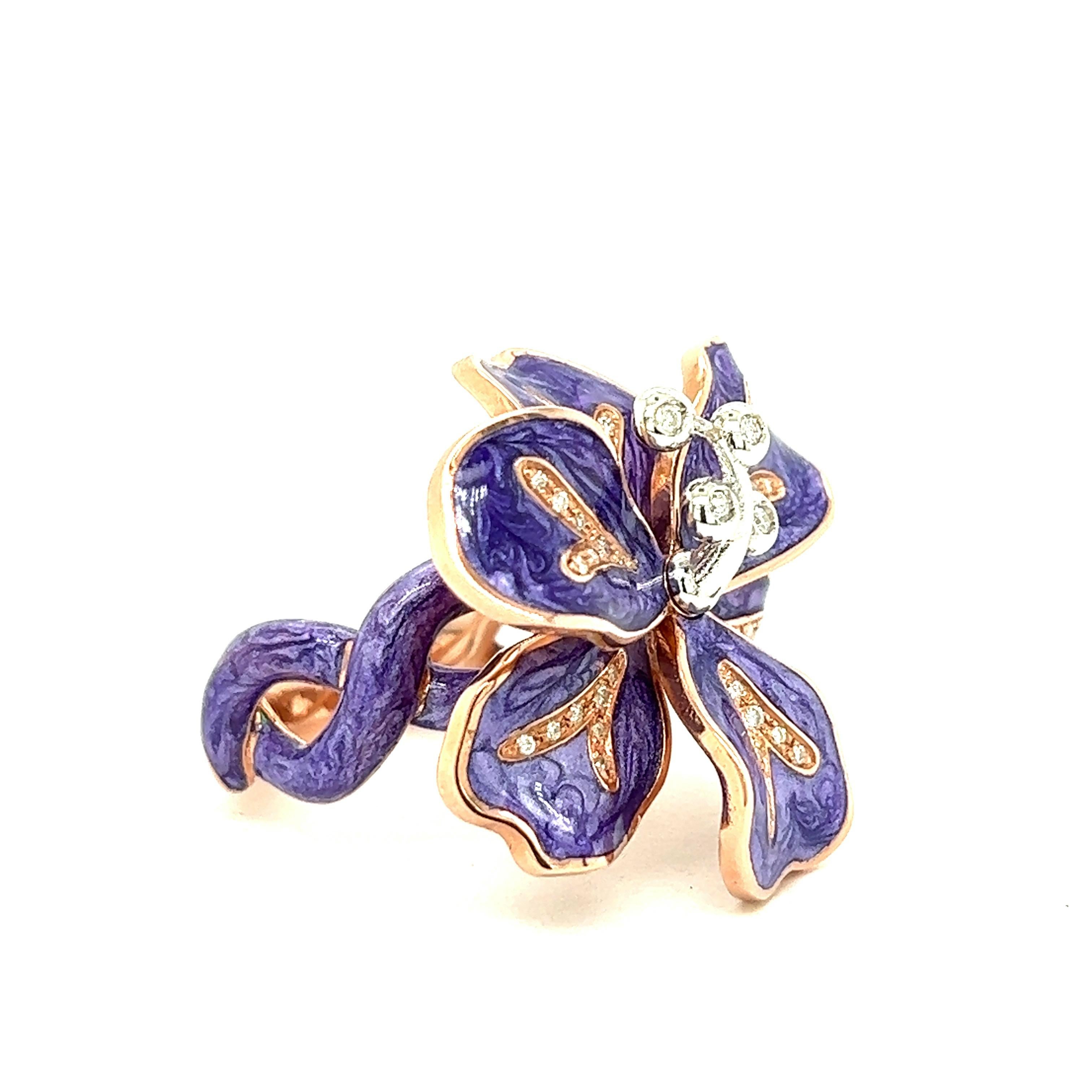 Contemporain Alexis NY Bague fleur en nacre violette émaillée en vente