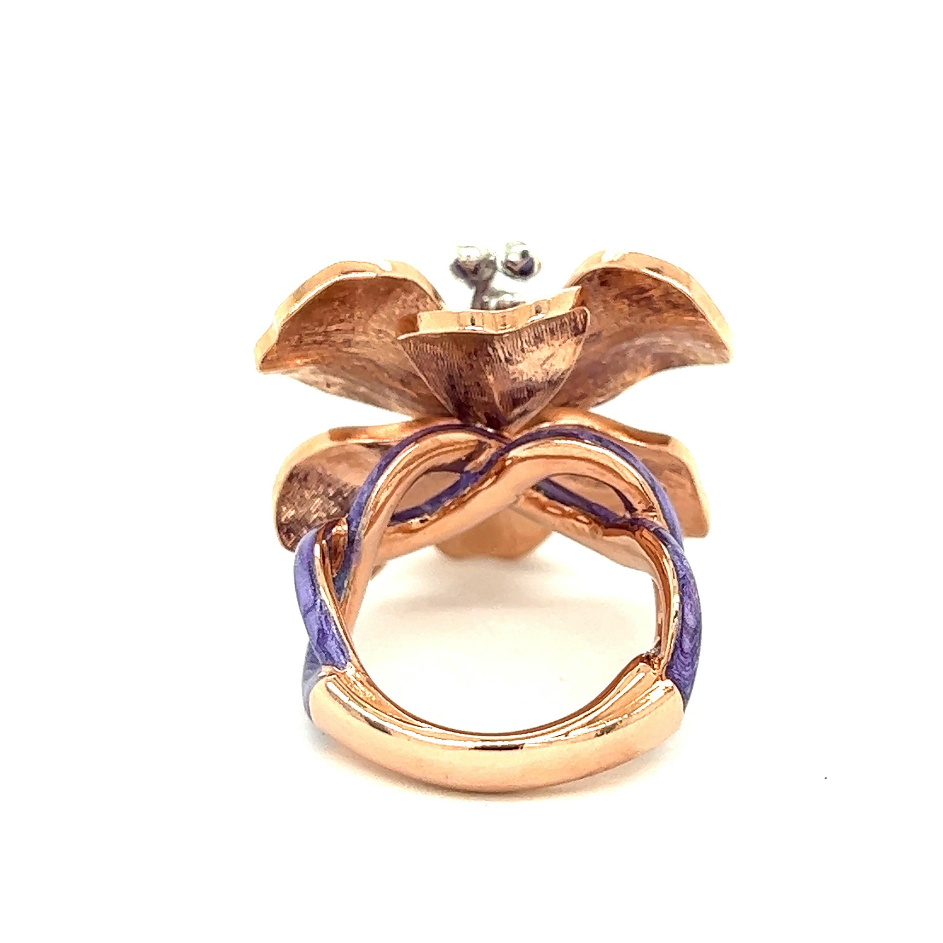 Round Cut Alexis NY Purple Mother of Pearl Enamel Flower Ring For Sale