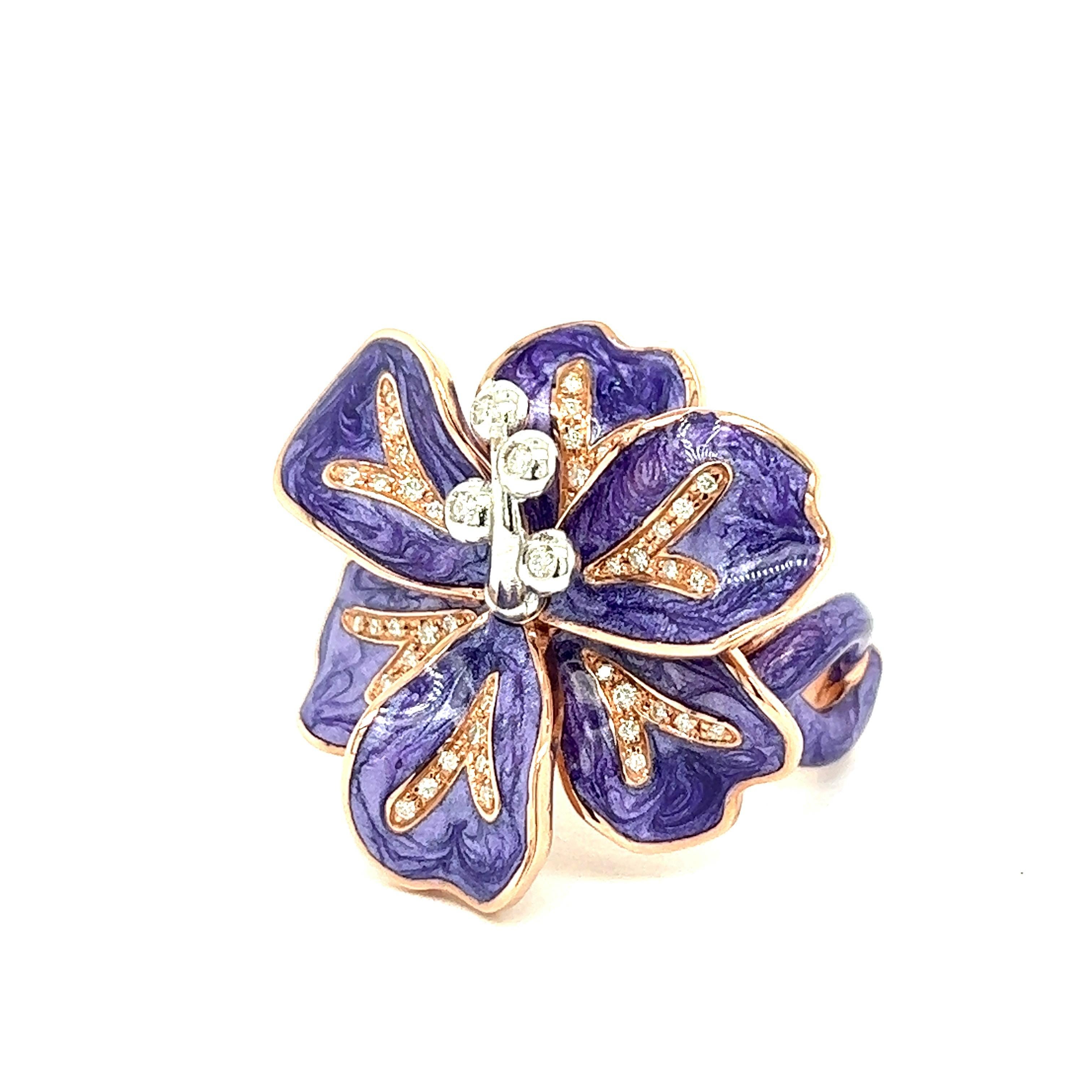Alexis NY Purple Mother of Pearl Enamel Flower Ring For Sale 3