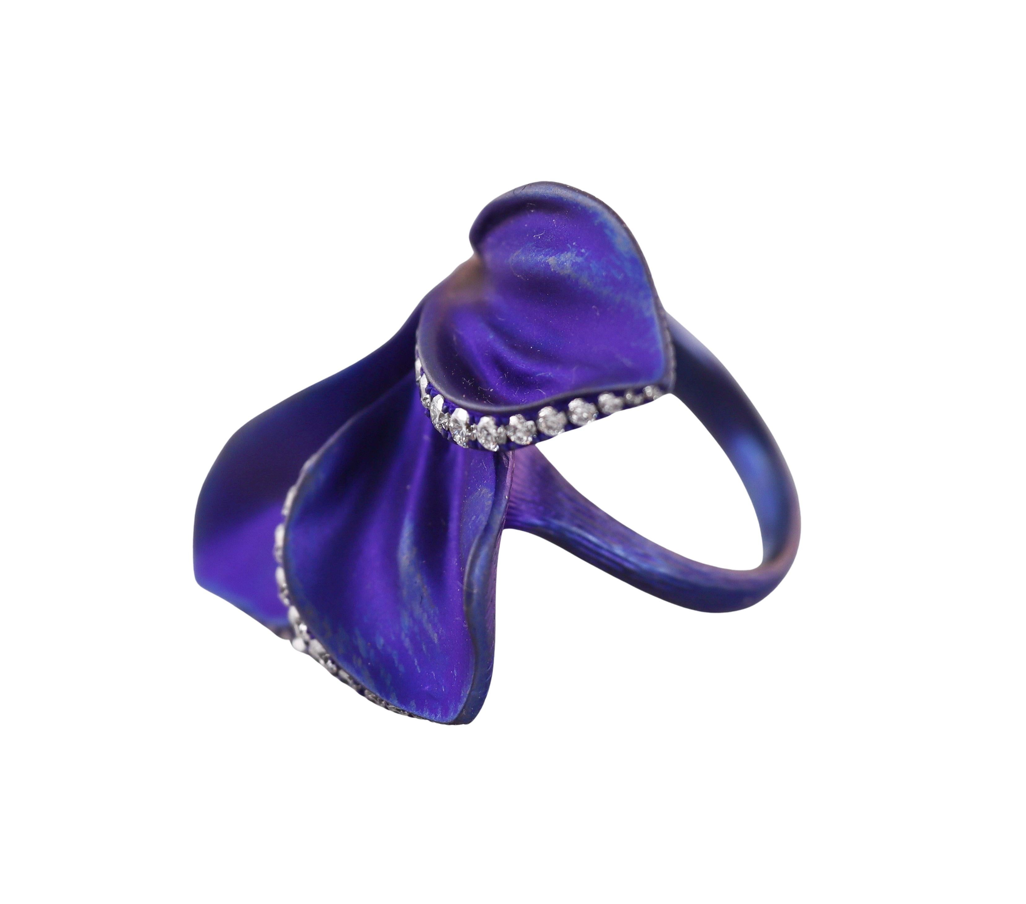 Contemporary Alexis NY Purple Titanium Diamond Leaf Motif Ring For Sale