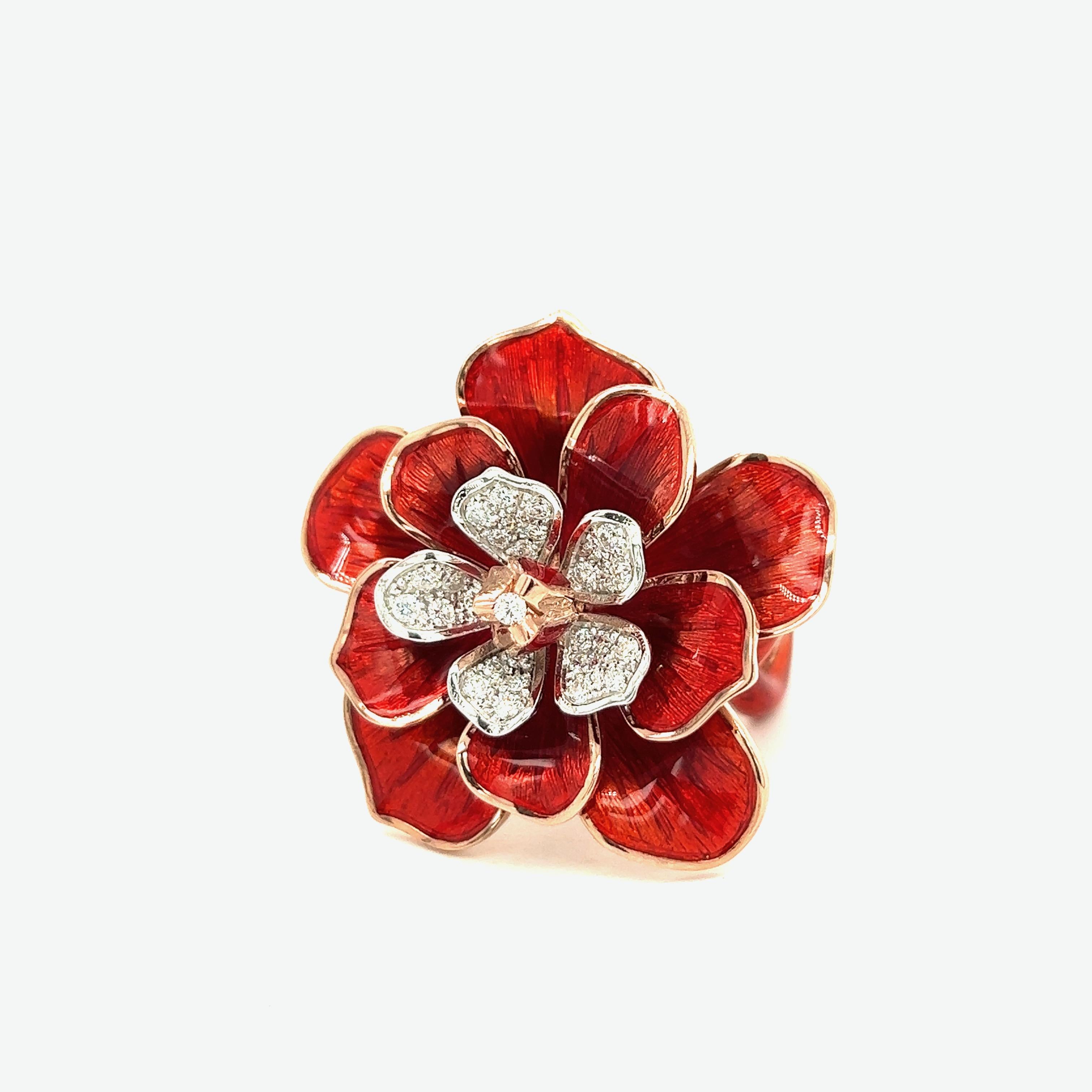 Alexis NY Red Enamel Flower Ring For Sale 5