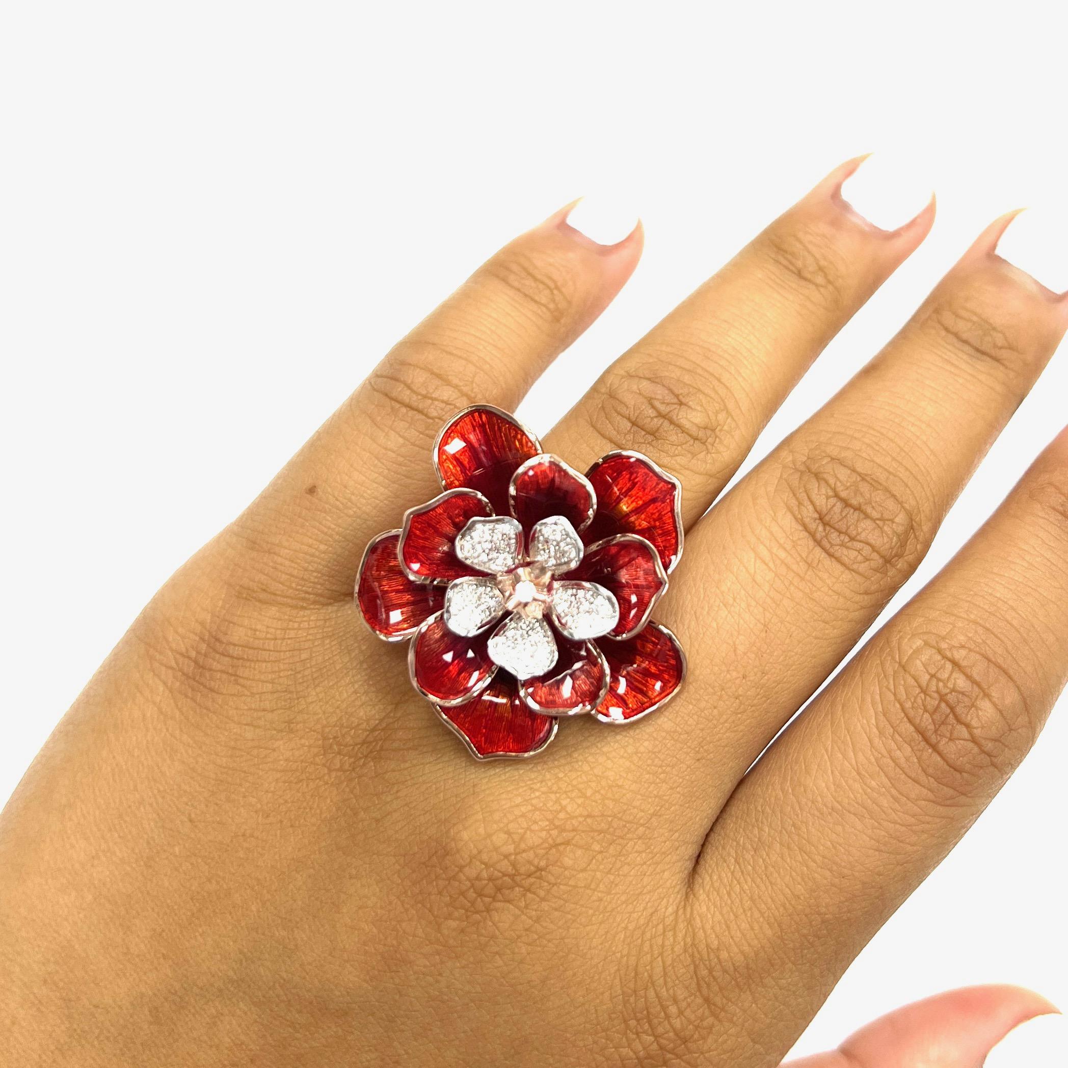 Alexis NY Red Enamel Flower Ring For Sale 8