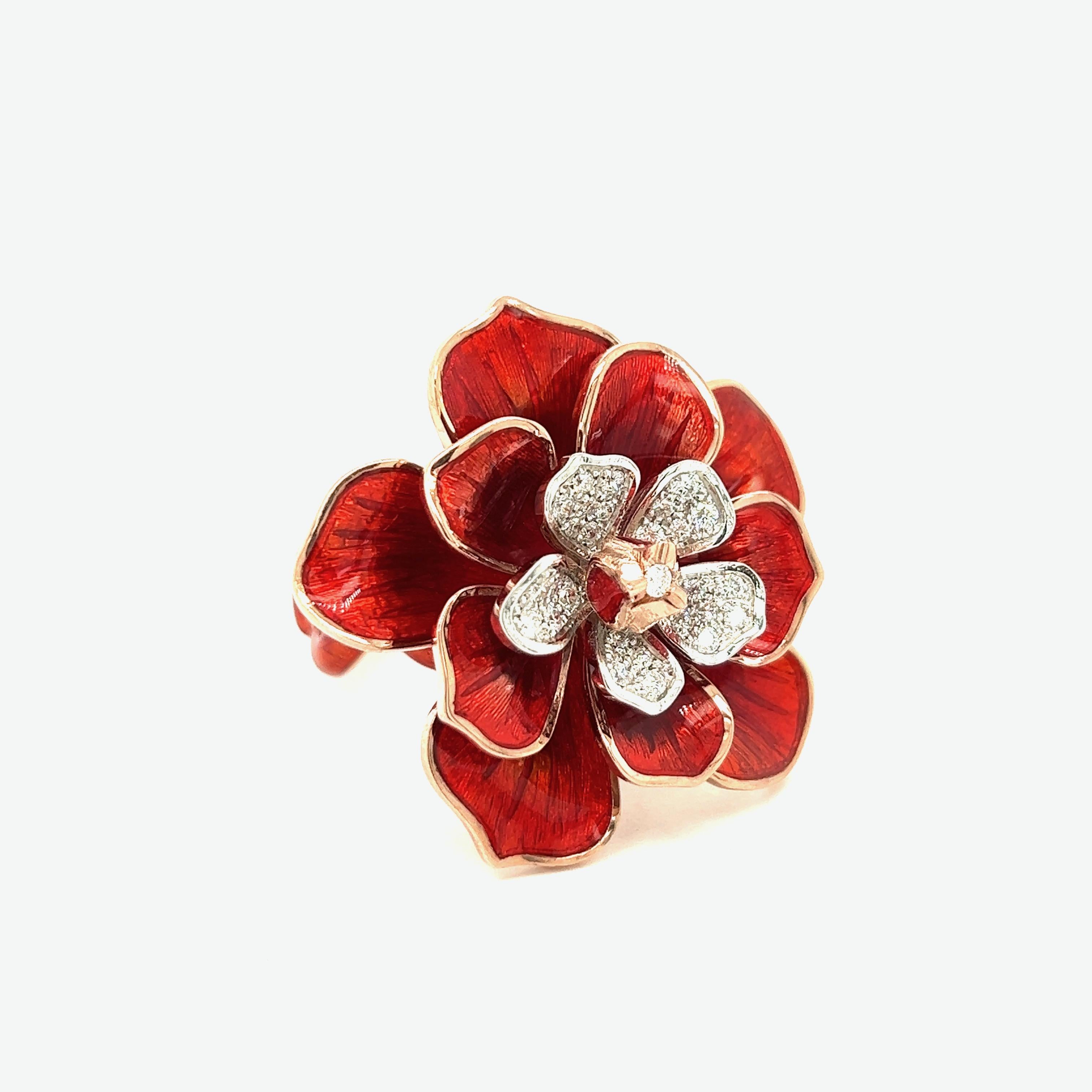 Alexis NY Red Enamel Flower Ring

Small round-cut diamonds of 1 carat, transparent red enamel, set on 18 karat rose gold and sterling silver; marked Alexis NY, 750, 925

Size: 7.75 US; top width 3.5 cm
Total weight: 22.6 grams