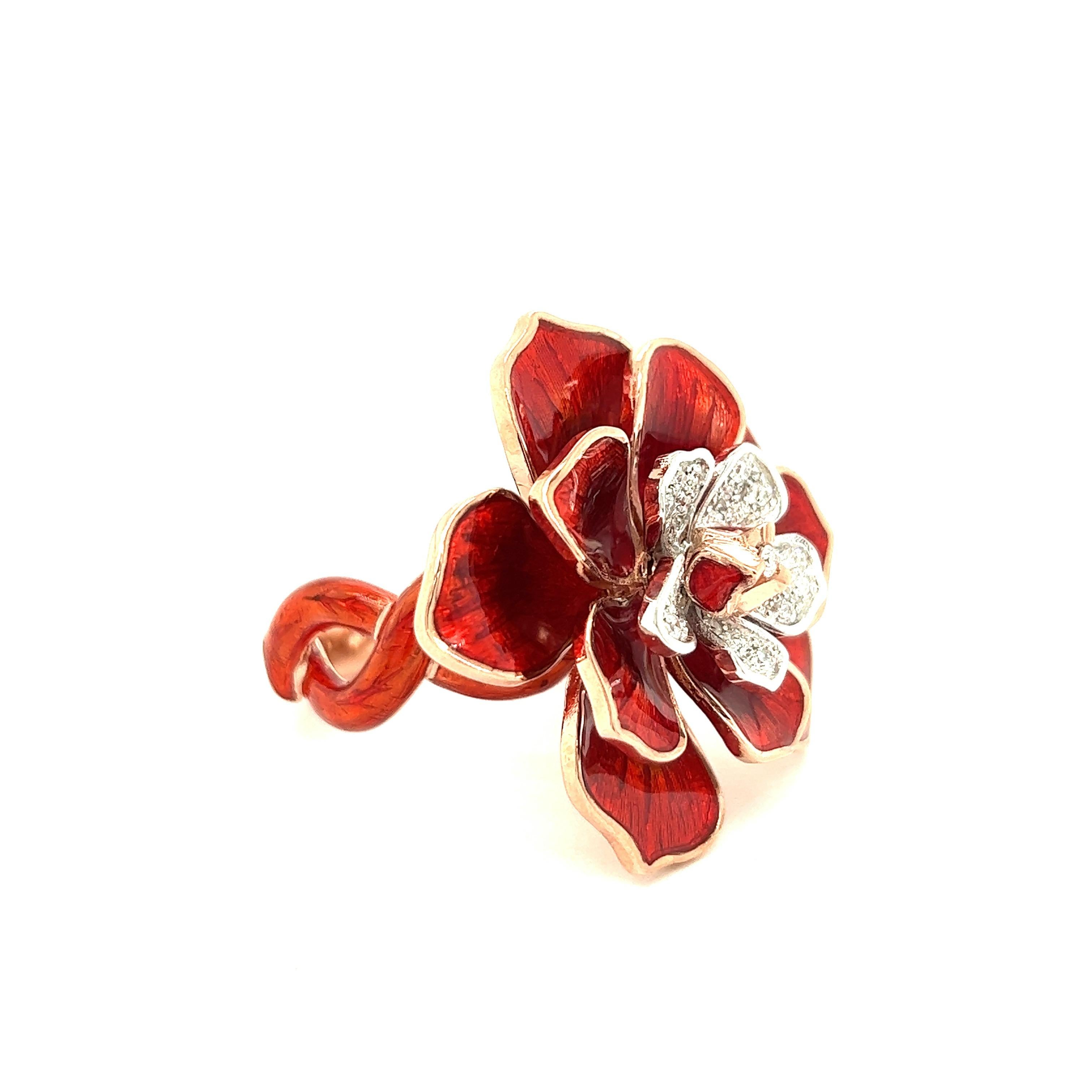 Contemporary Alexis NY Red Enamel Flower Ring For Sale