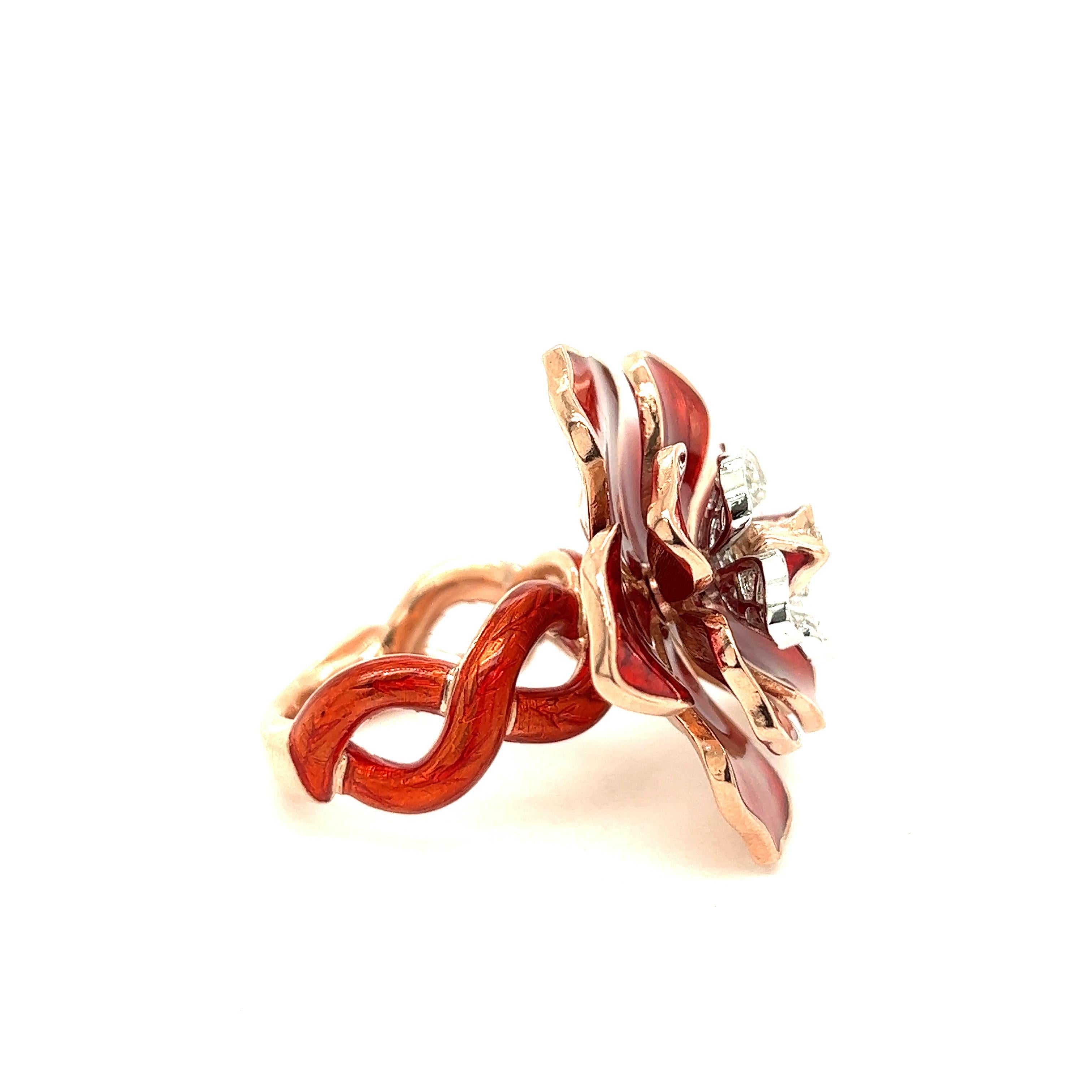 Round Cut Alexis NY Red Enamel Flower Ring For Sale