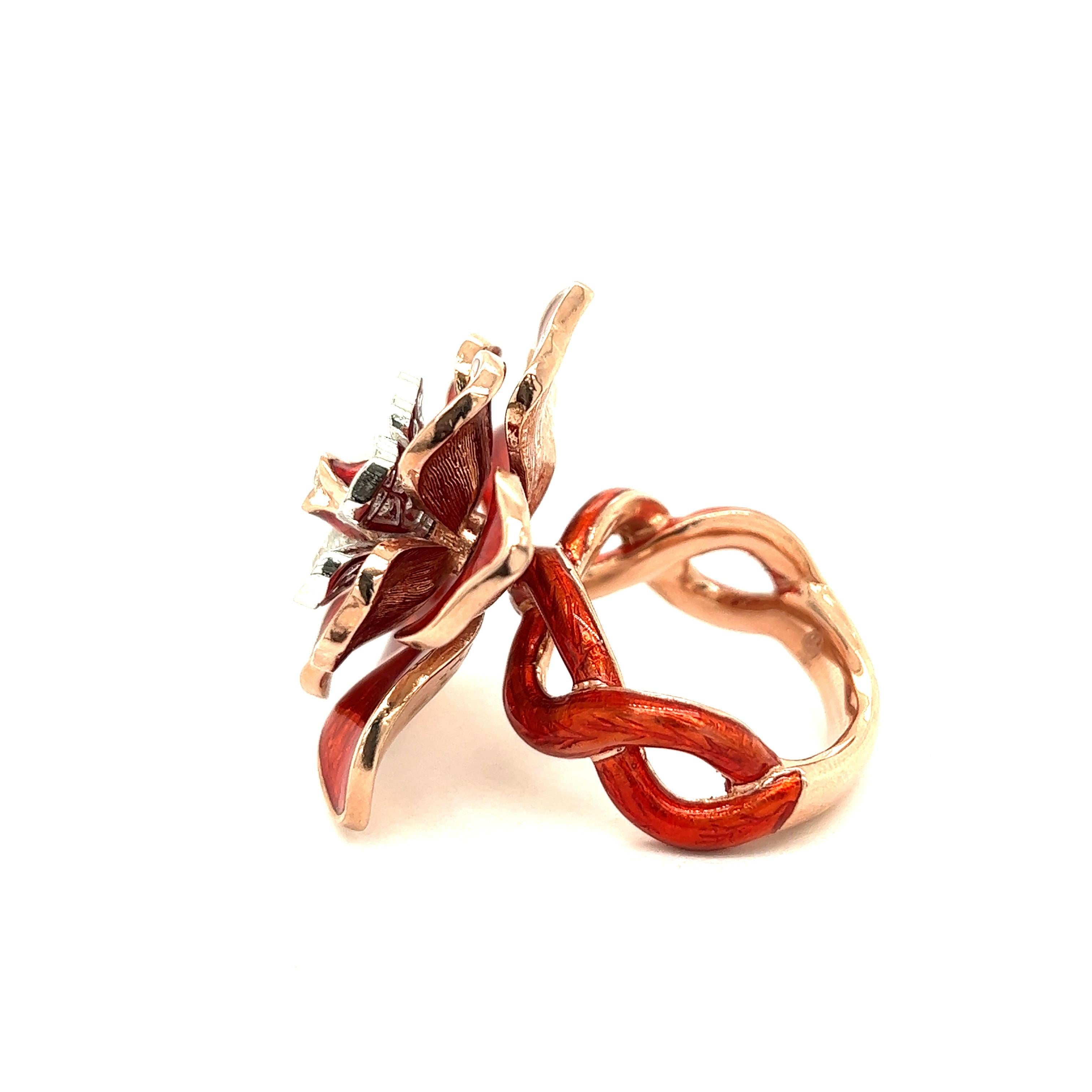 Alexis NY Red Enamel Flower Ring For Sale 3