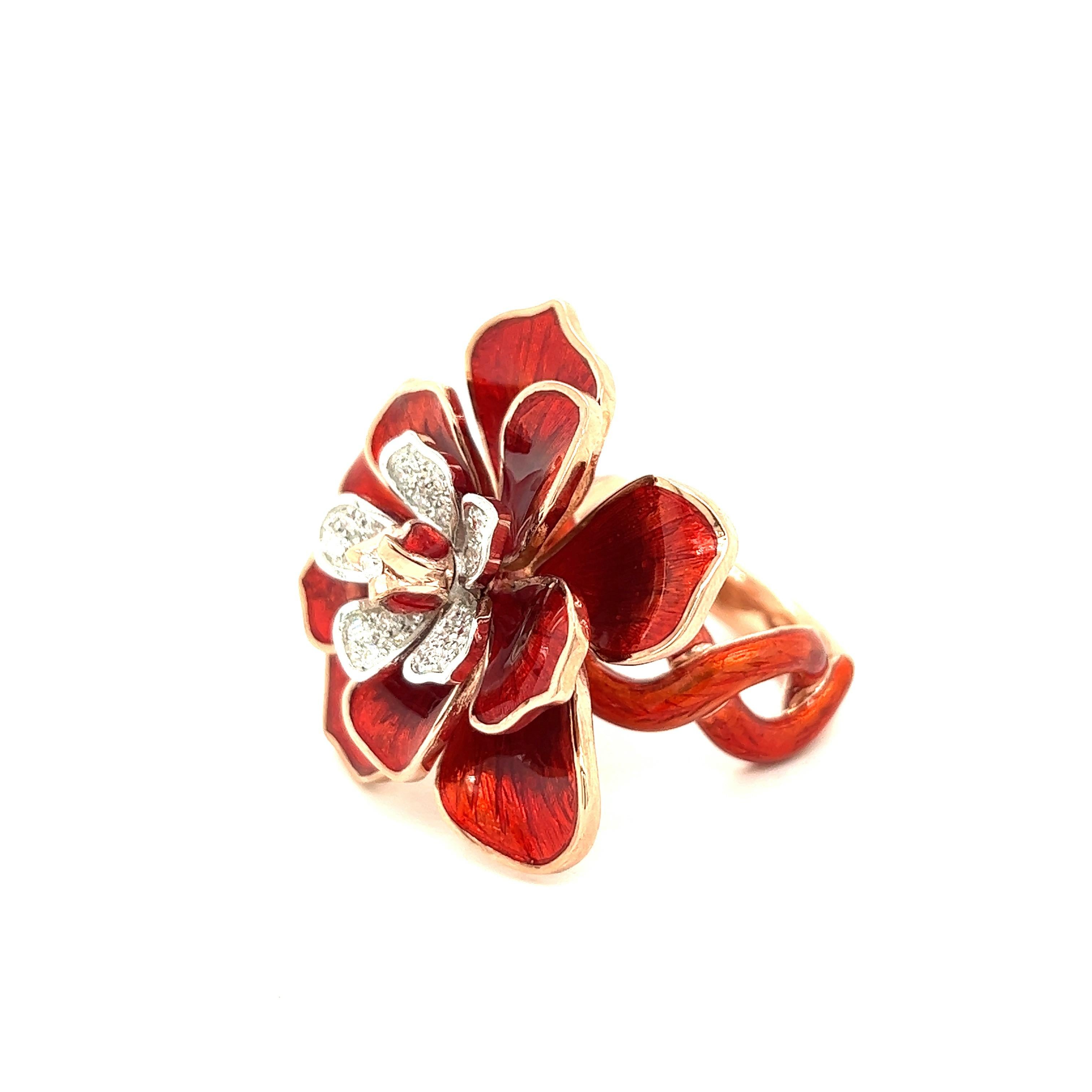 Alexis NY Red Enamel Flower Ring For Sale 4