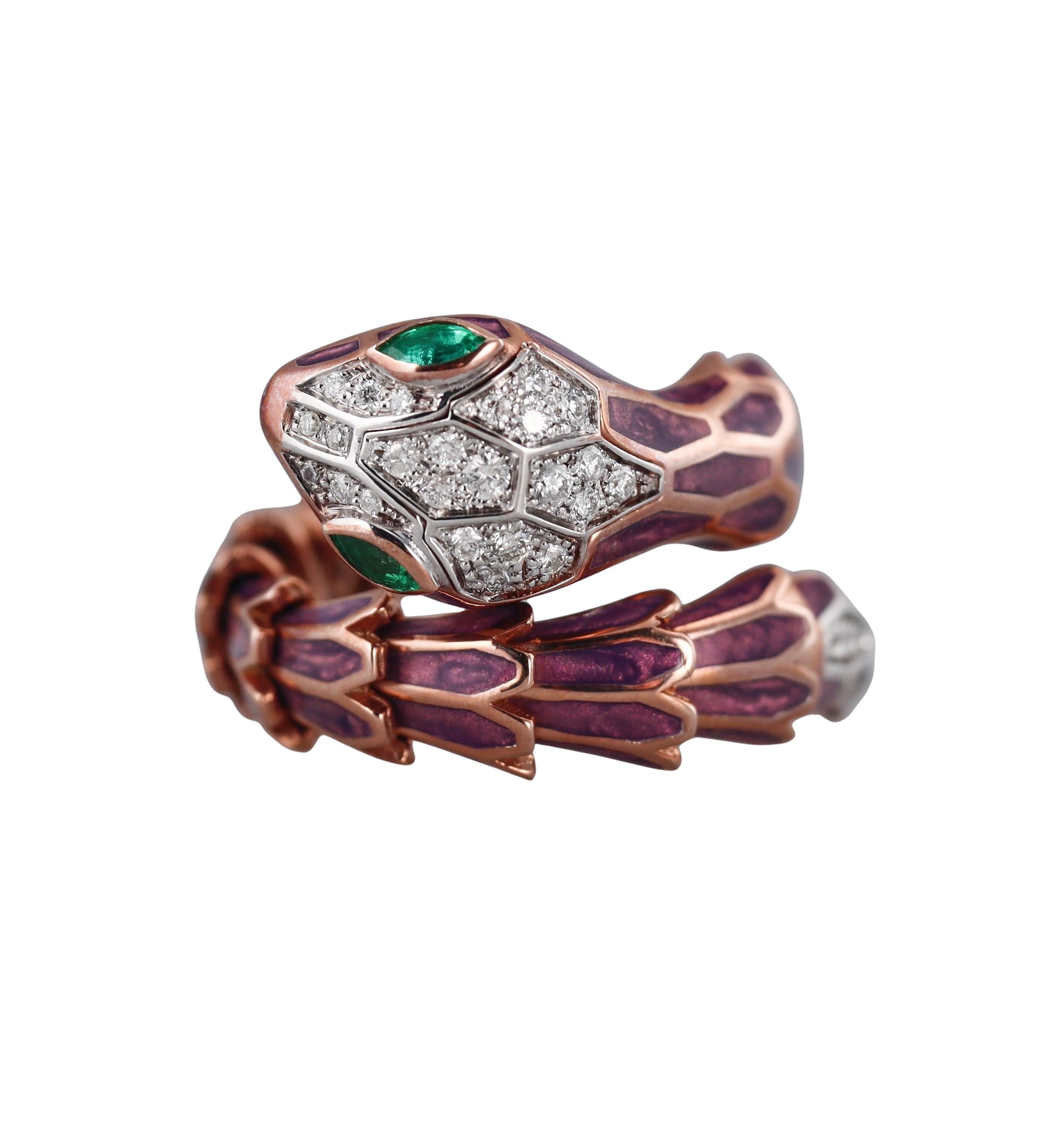 Alexis NY 18k rose gold over sterling silver snake ring, adorned with lavender purple enamel, 0.32ctw H/VS diamonds and 0.20ctw emerald eyes. 
Ring size 7, slightly flexible. Width 20mm.
Marked Alexis NY, D0.32, S0.20.
Weight - 12.4 grams. 