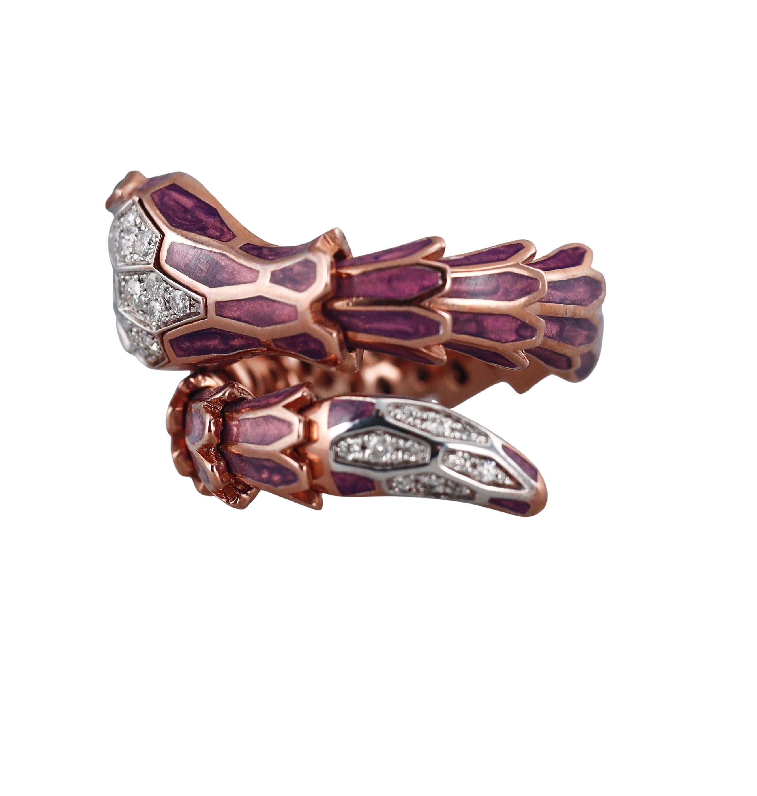 Round Cut Alexis NY Rose Gold Silver Enamel Diamond Emerald Snake Wrap Ring For Sale