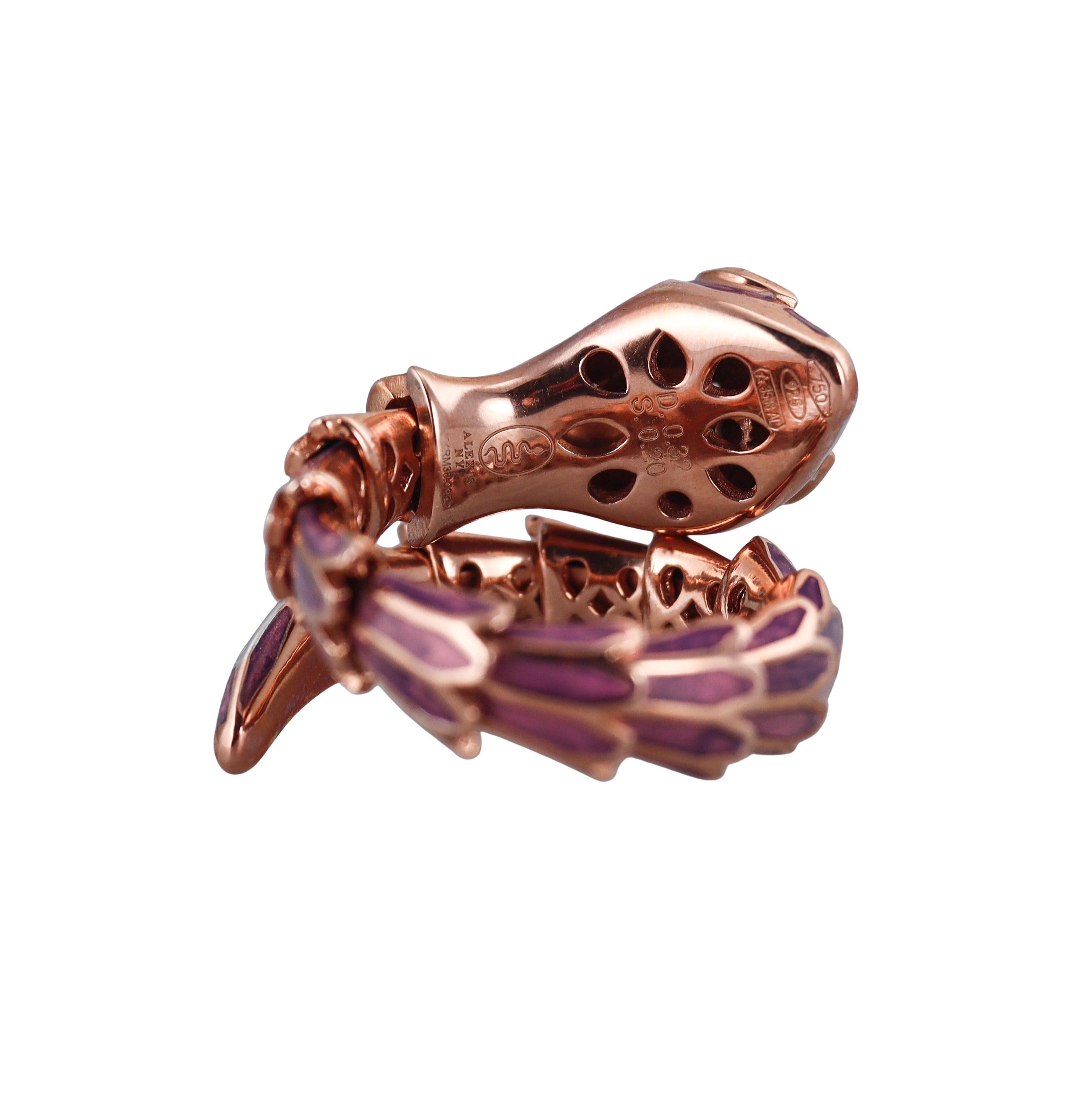 Women's Alexis NY Rose Gold Silver Enamel Diamond Emerald Snake Wrap Ring For Sale