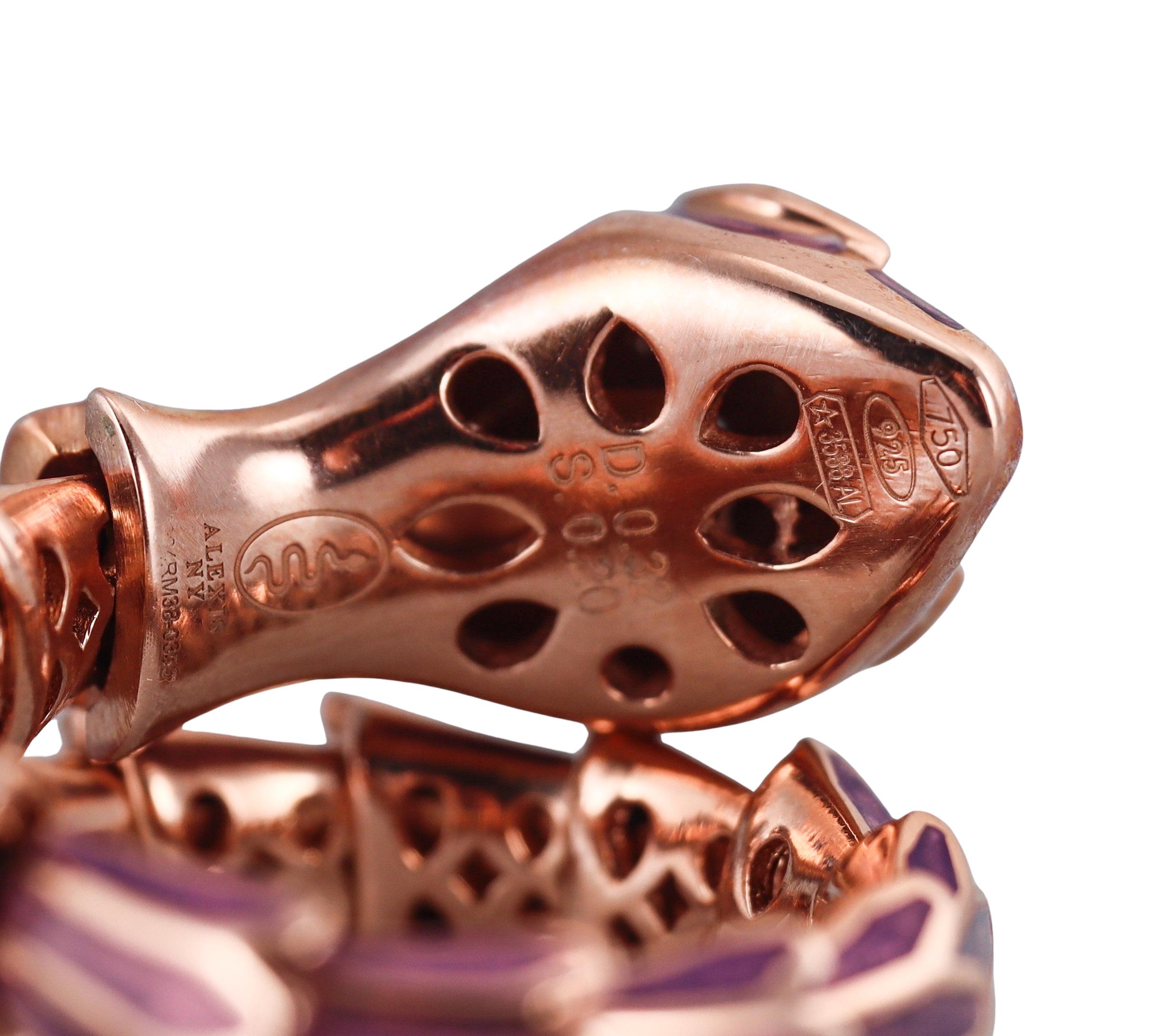 Alexis NY Rose Gold Silver Enamel Diamond Emerald Snake Wrap Ring For Sale 1