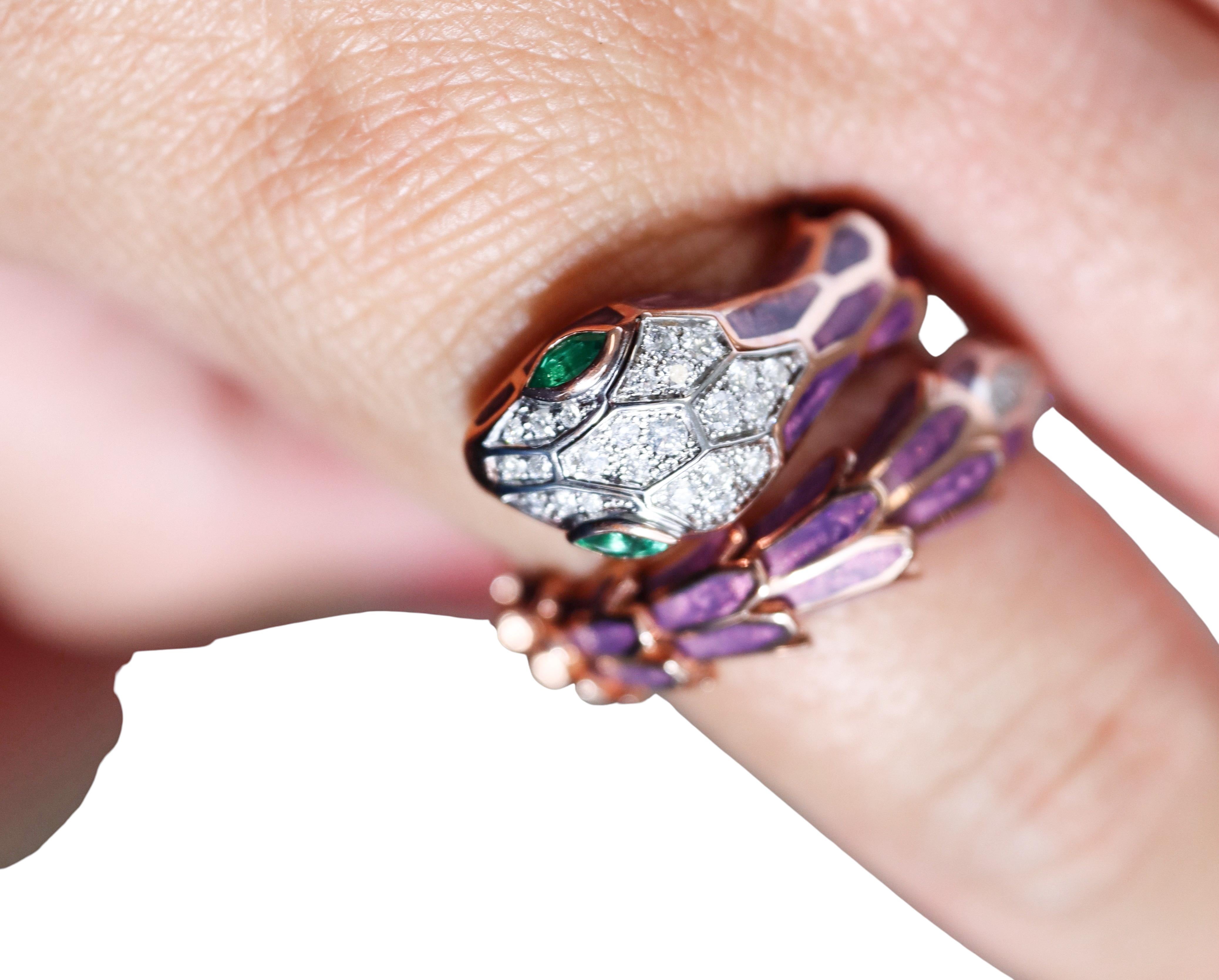 Alexis NY Rose Gold Silver Enamel Diamond Emerald Snake Wrap Ring For Sale 2