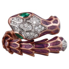 Alexis NY Rose Gold Silver Enamel Diamond Emerald Snake Wrap Ring