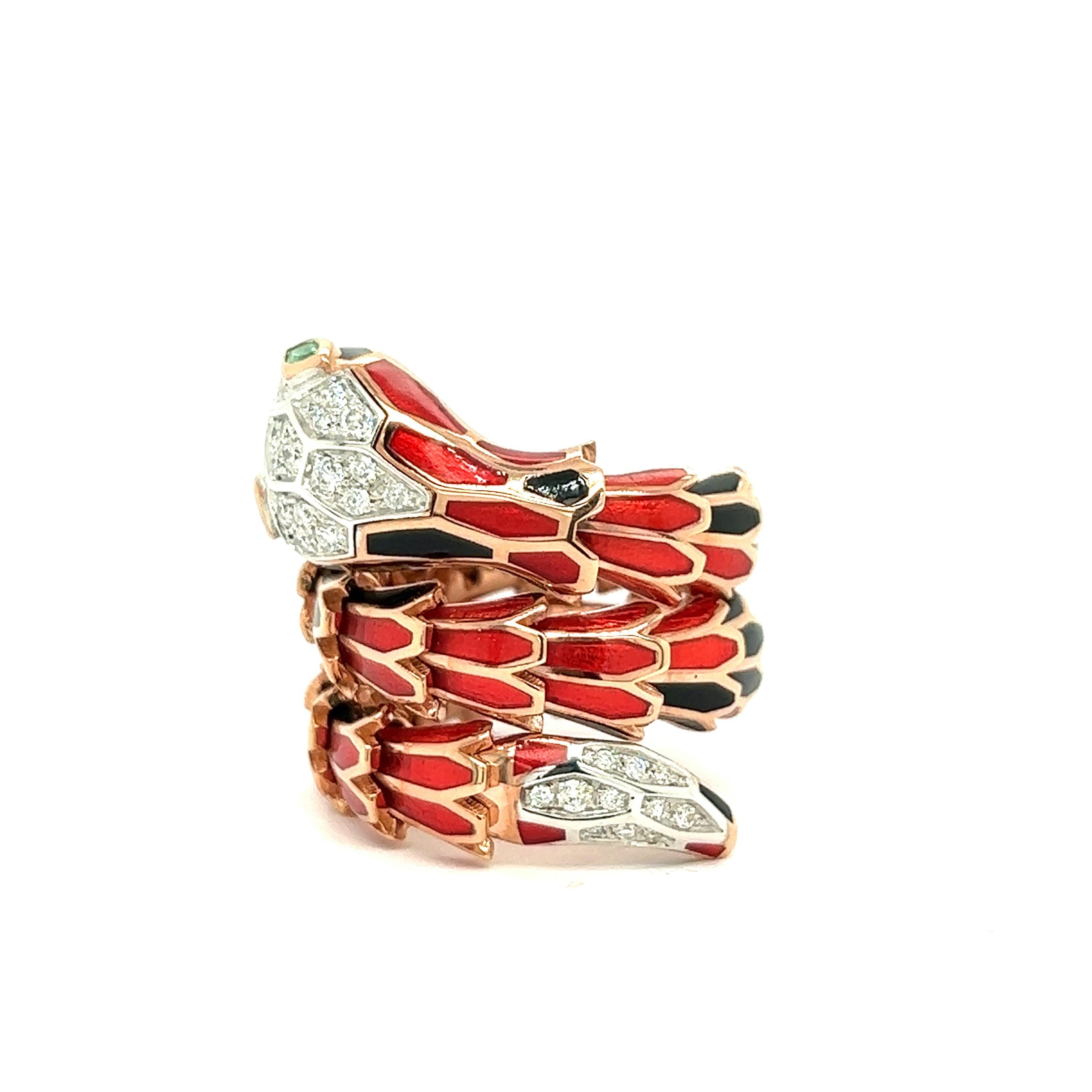 Alexis NY Transparent Red & Black Enamel Wrap Ring

The body is made of sterling silver with a tone of rose gold; the head and tail are made of 18 karat white gold; the white gold is set with round-cut diamonds of 0.32 carat and marquise-shaped