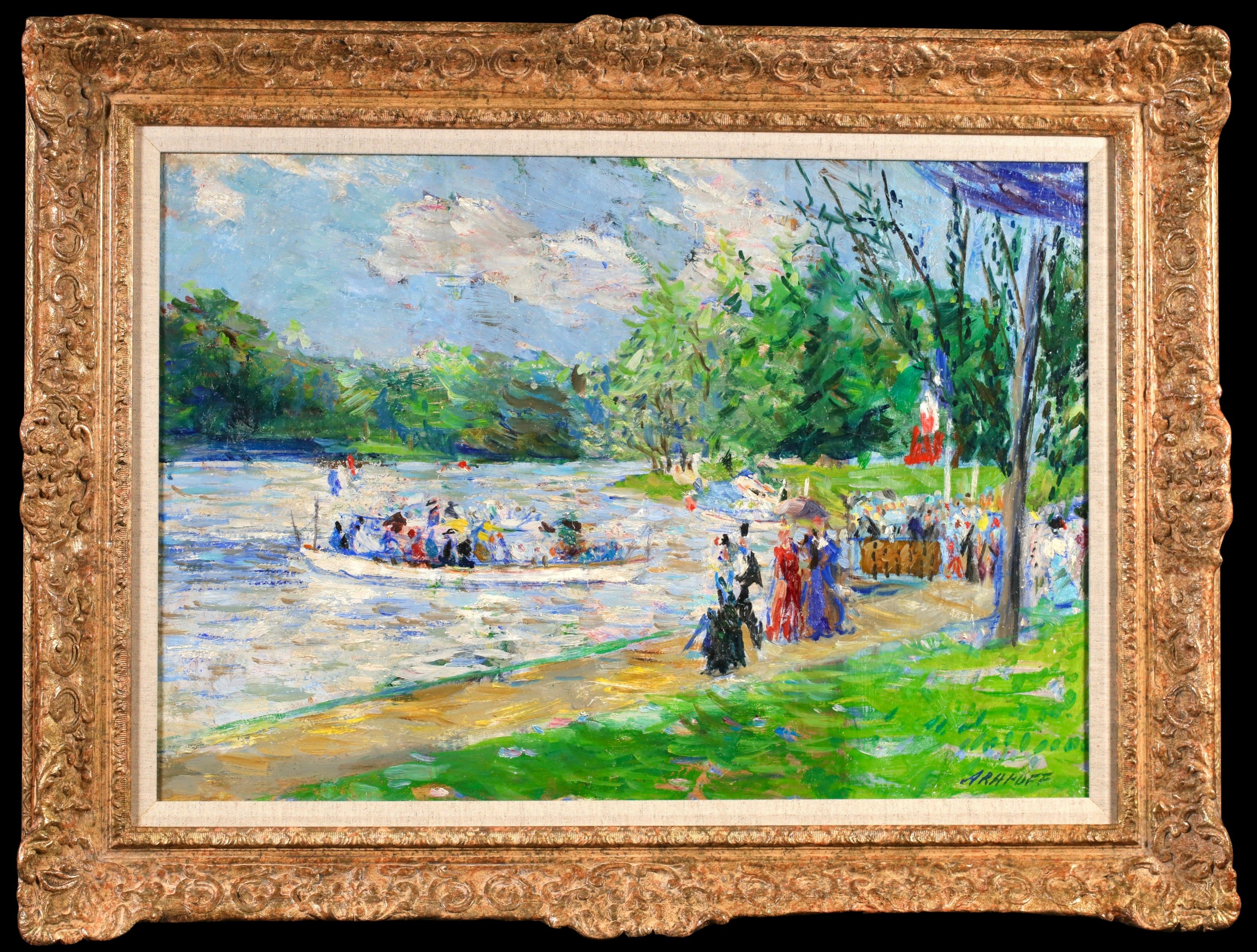 Signed oil on canvas figures in landscape by Russian-born post impressionist painter Alexis Paul Arapoff. The work depicts elegantly dressed ladies and gentleman enjoying a boat party on the River Seine in France.

Signature:
Signed lower