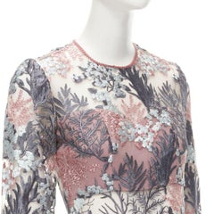 ALEXIS pink green floral embroidery sheer panel fringe flared gown XS