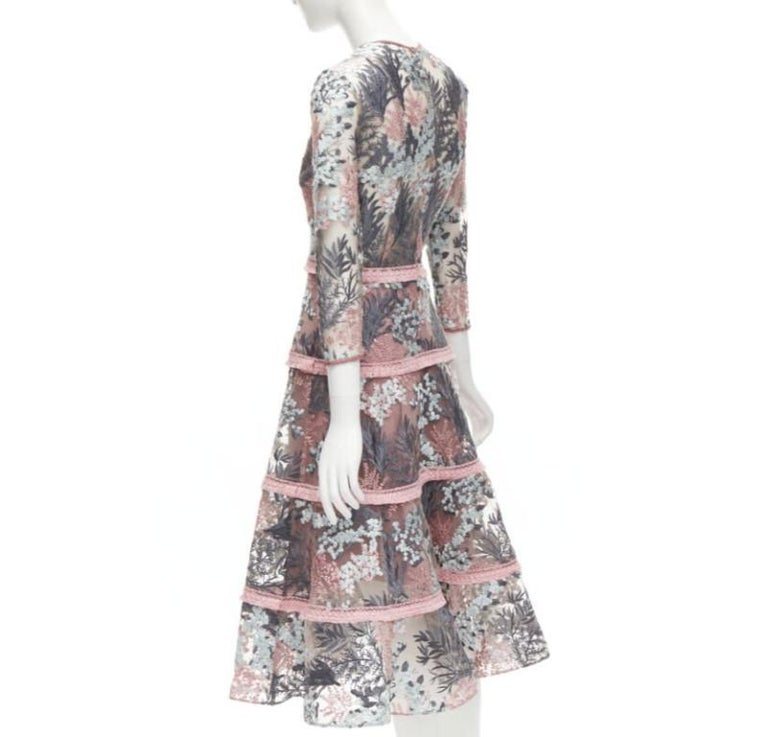 ALEXIS pink green floral embroidery sheer panel fringe flared gown XS For  Sale at 1stDibs