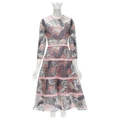 ALEXIS pink green floral embroidery sheer panel fringe flared gown XS