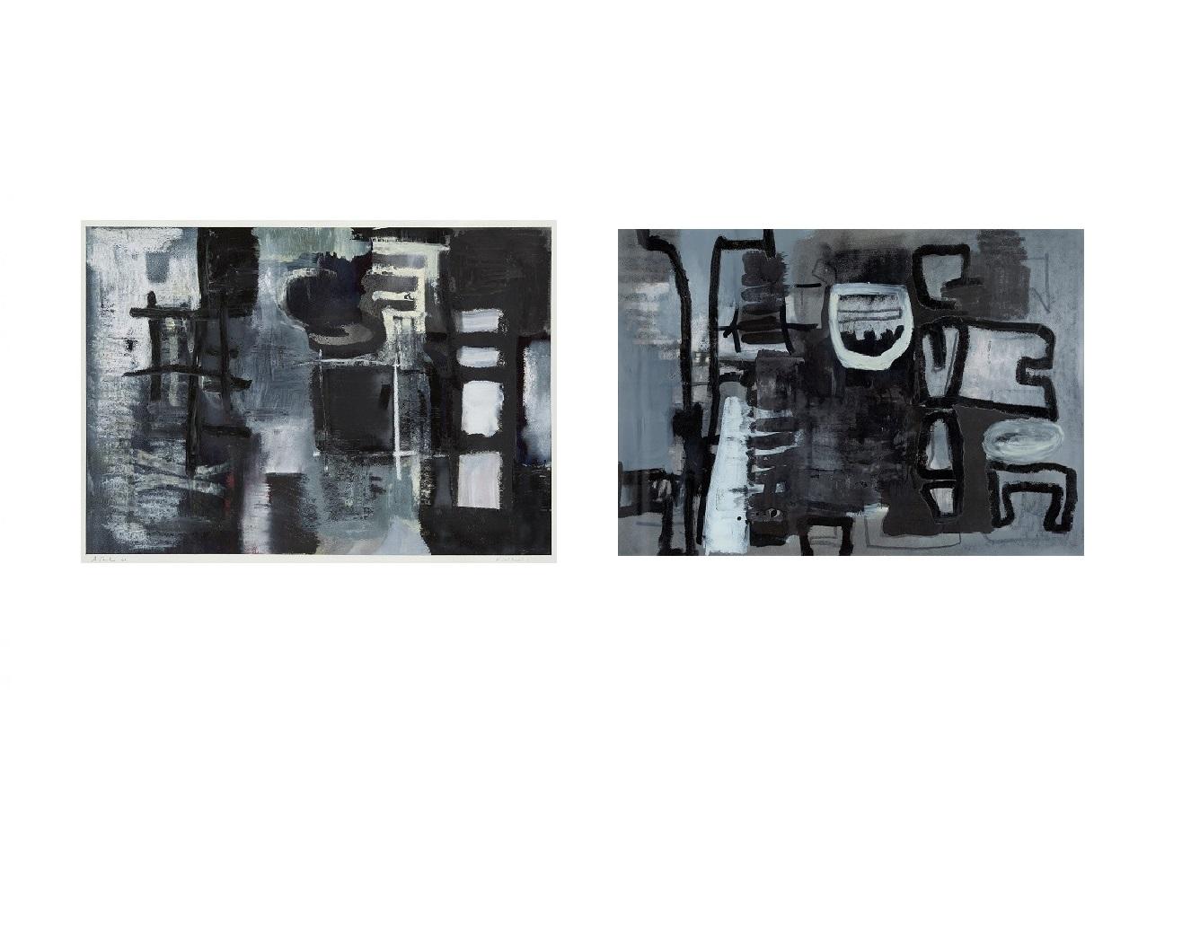 22x30 Zoll Nachttische I  - Schwarz-Weiß, monochromes Öl auf Papier I – Painting von Alexis Portilla