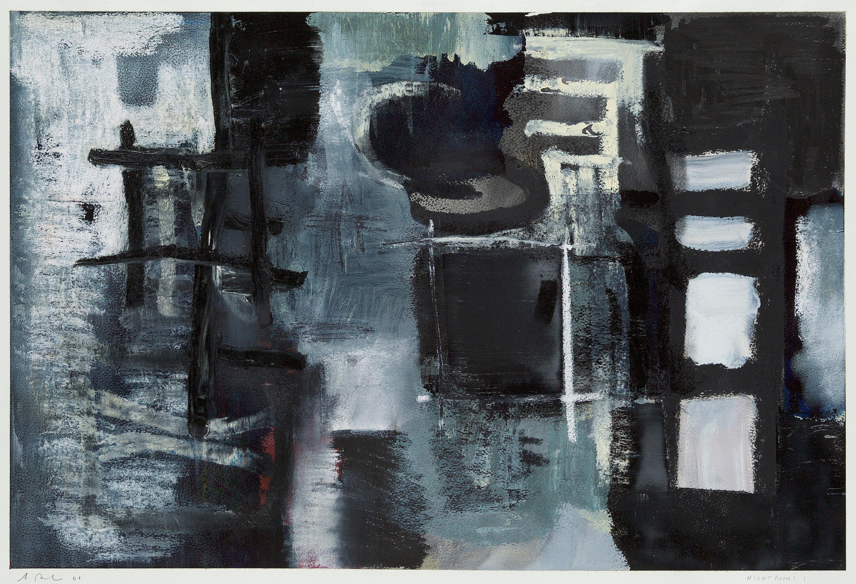 22x30" Night Rooms I  - Black, White, Monochromatic Oil on Paper I