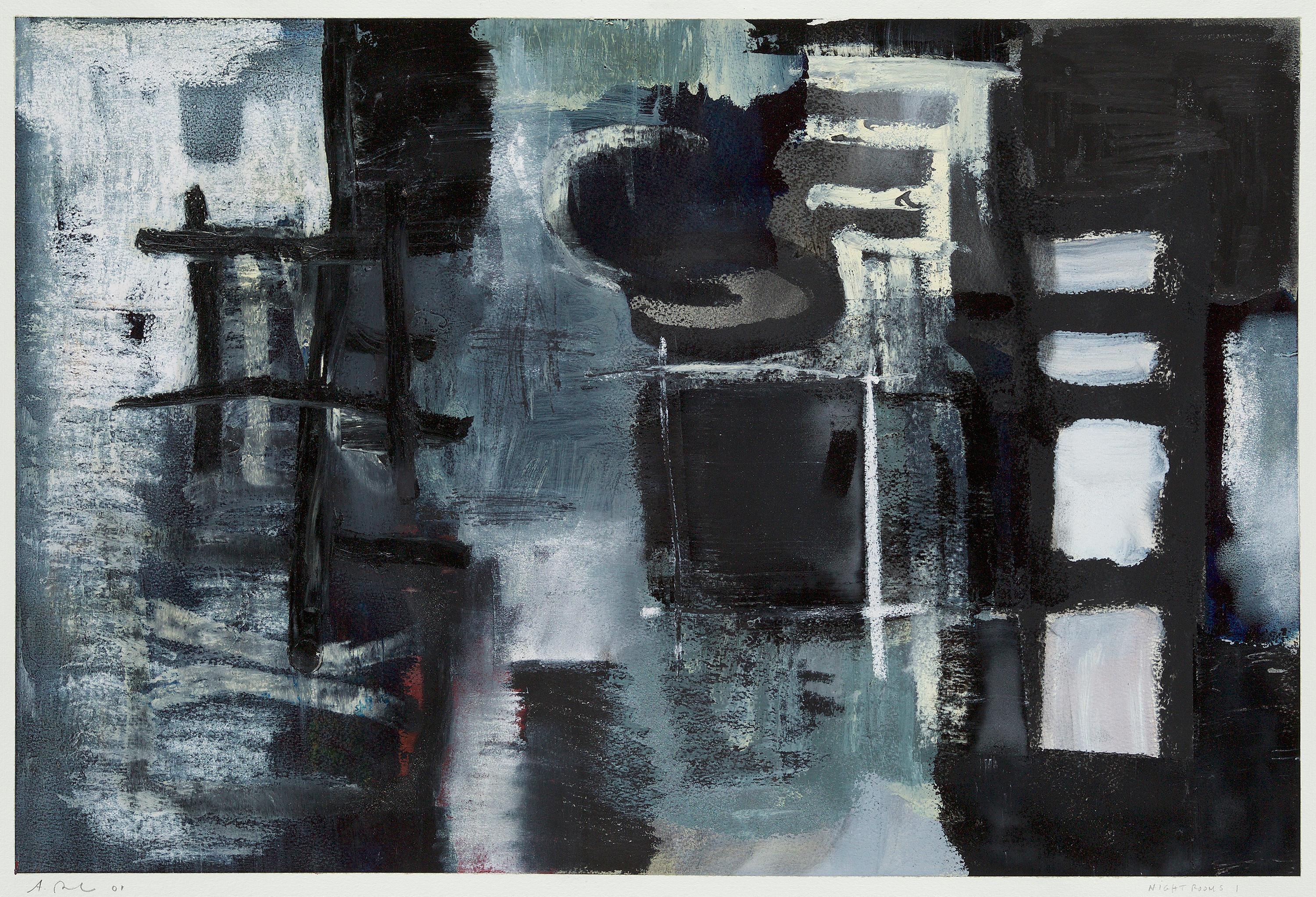 22x30" Habitaciones Nocturnas I  - Negro, Blanco, Óleo monocromático sobre papel I, Enmarcado incl.