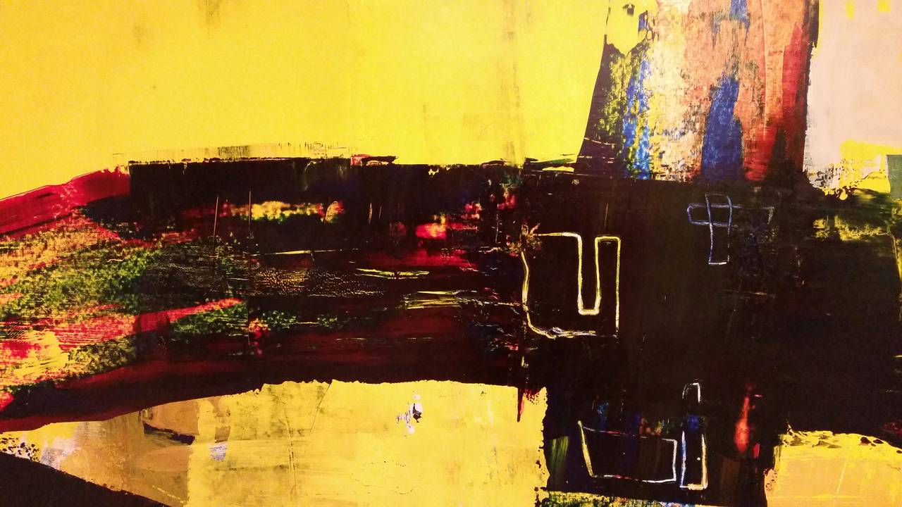 This is a beautiful oil painting by Alexis Portilla, using a palette of jewel colors, bold brushwork and pictographs to create an atmospheric piece. Color, lines and shapes that resemble pictographs and vessels convey symbolism. Vessels are a