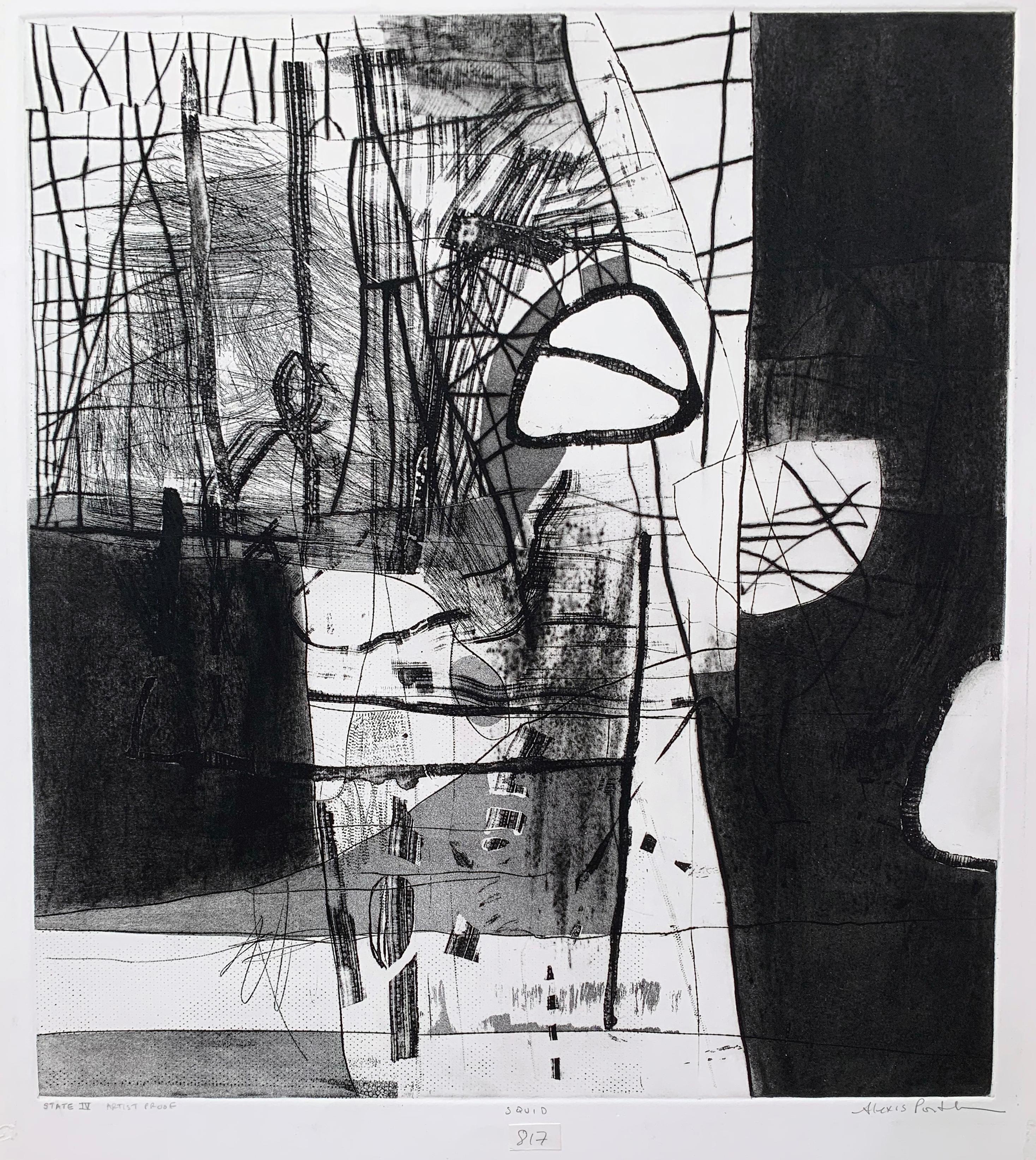 Gravure « SQUID » sur toile 27,5 x 22,8 pouces  - Noir et blanc abstraits, non encadrés