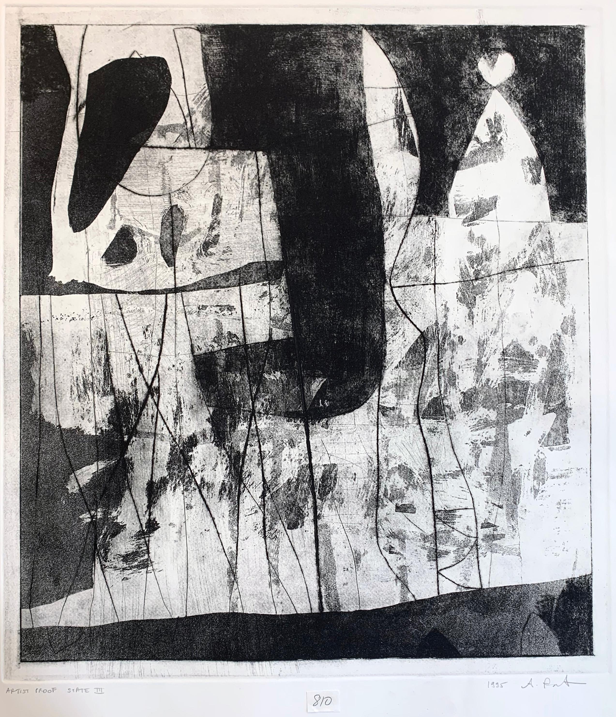 Alexis Portilla Abstract Print - 28x23 in. Abstract Black and White - "Soglio" Etching  - unframed