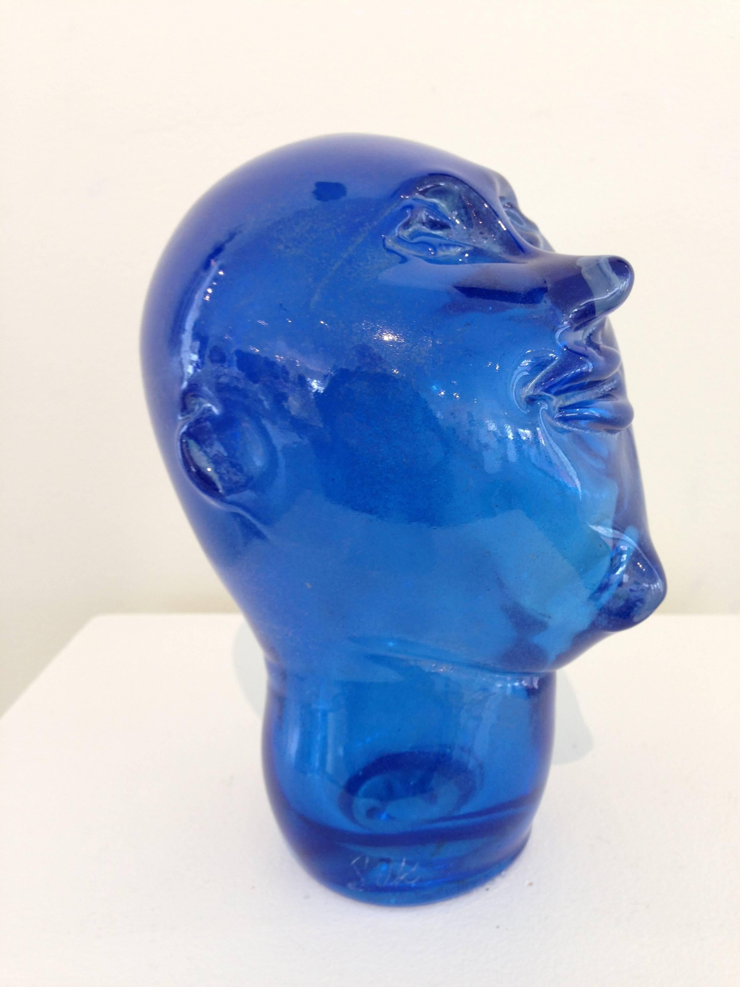 This blue and orange blown glass head reflects Alexis Silk's fascination with our human body as vessel; in this case as vessels for thought and emotion. Each piece is hand blown by this renowned artist.
Alexis Silk works in molten glass and metal to