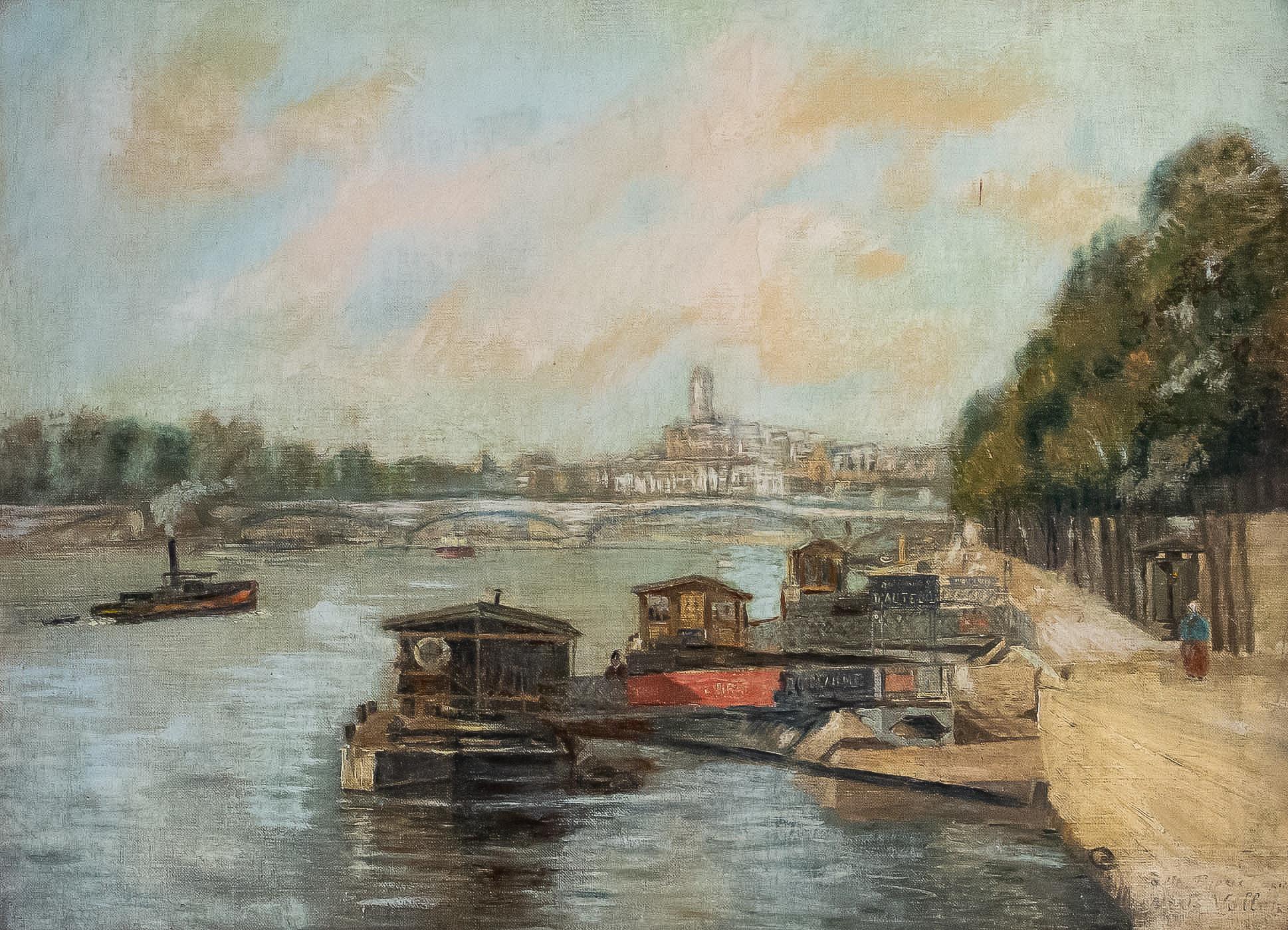 Oiled Alexis Vollon Oil on Canvas Bords de Seine à, Paris, Circa 1930 For Sale