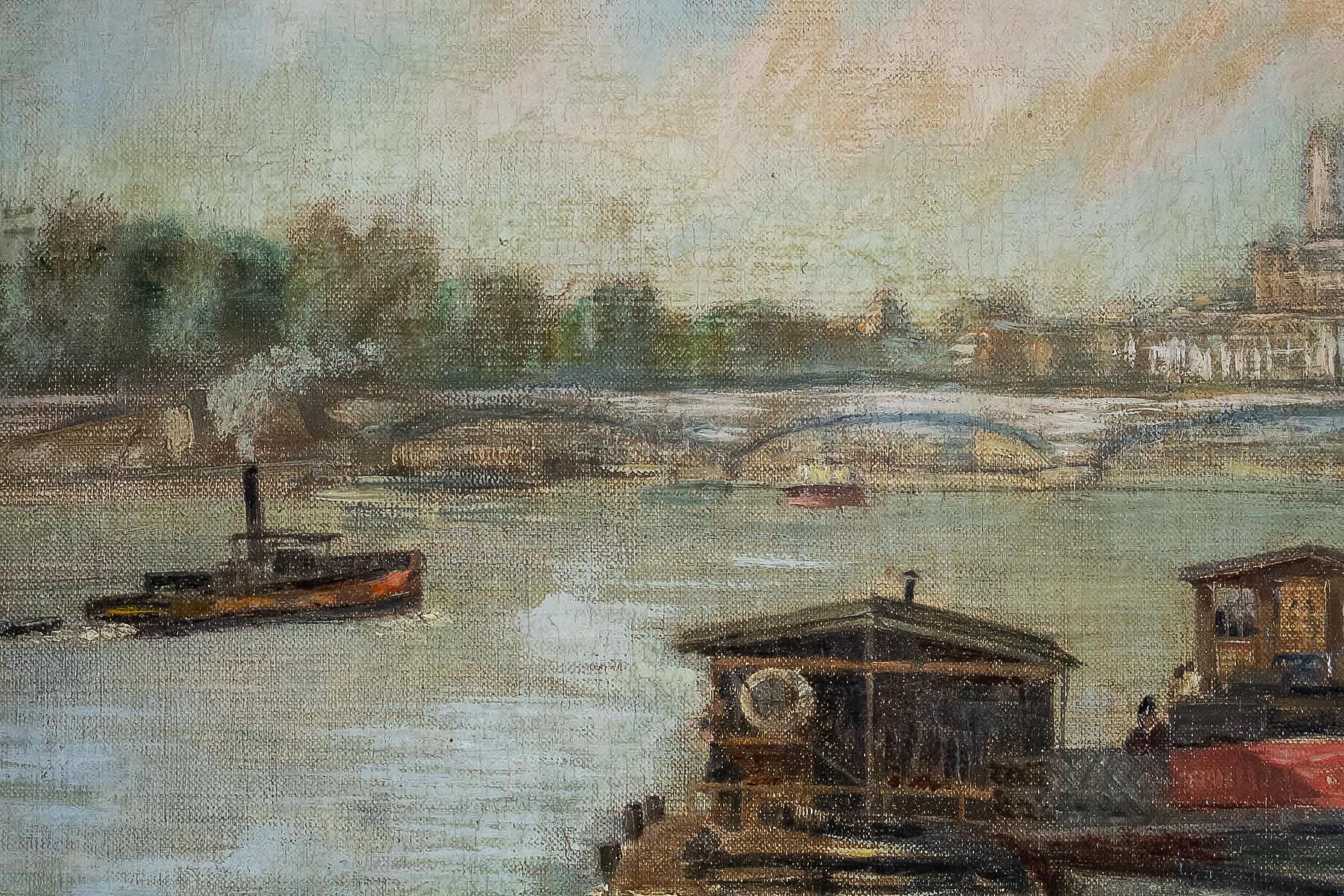 Early 20th Century Alexis Vollon Oil on Canvas Bords de Seine à, Paris, Circa 1930 For Sale
