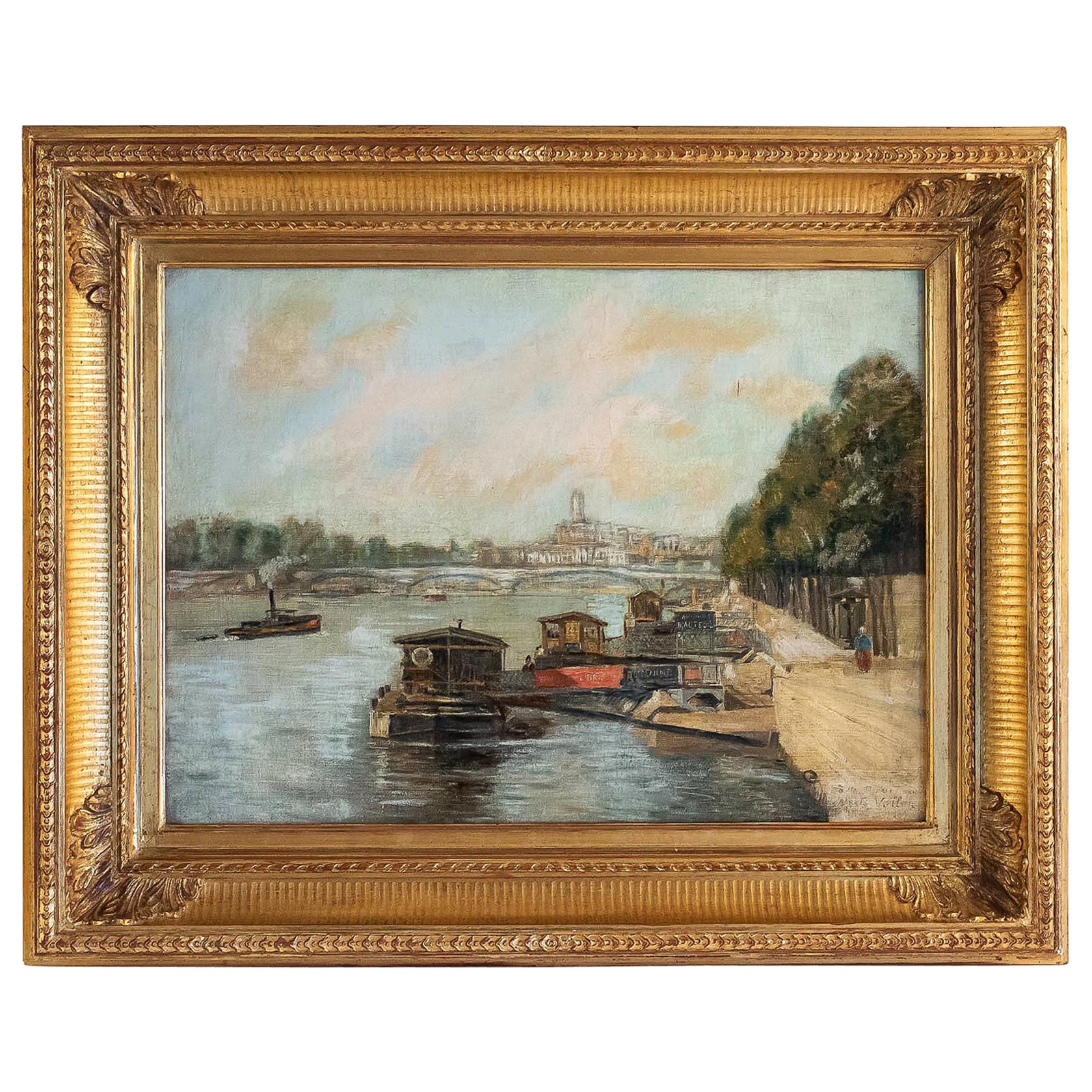 Alexis Vollon Oil on Canvas Bords de Seine à, Paris, Circa 1930 For Sale