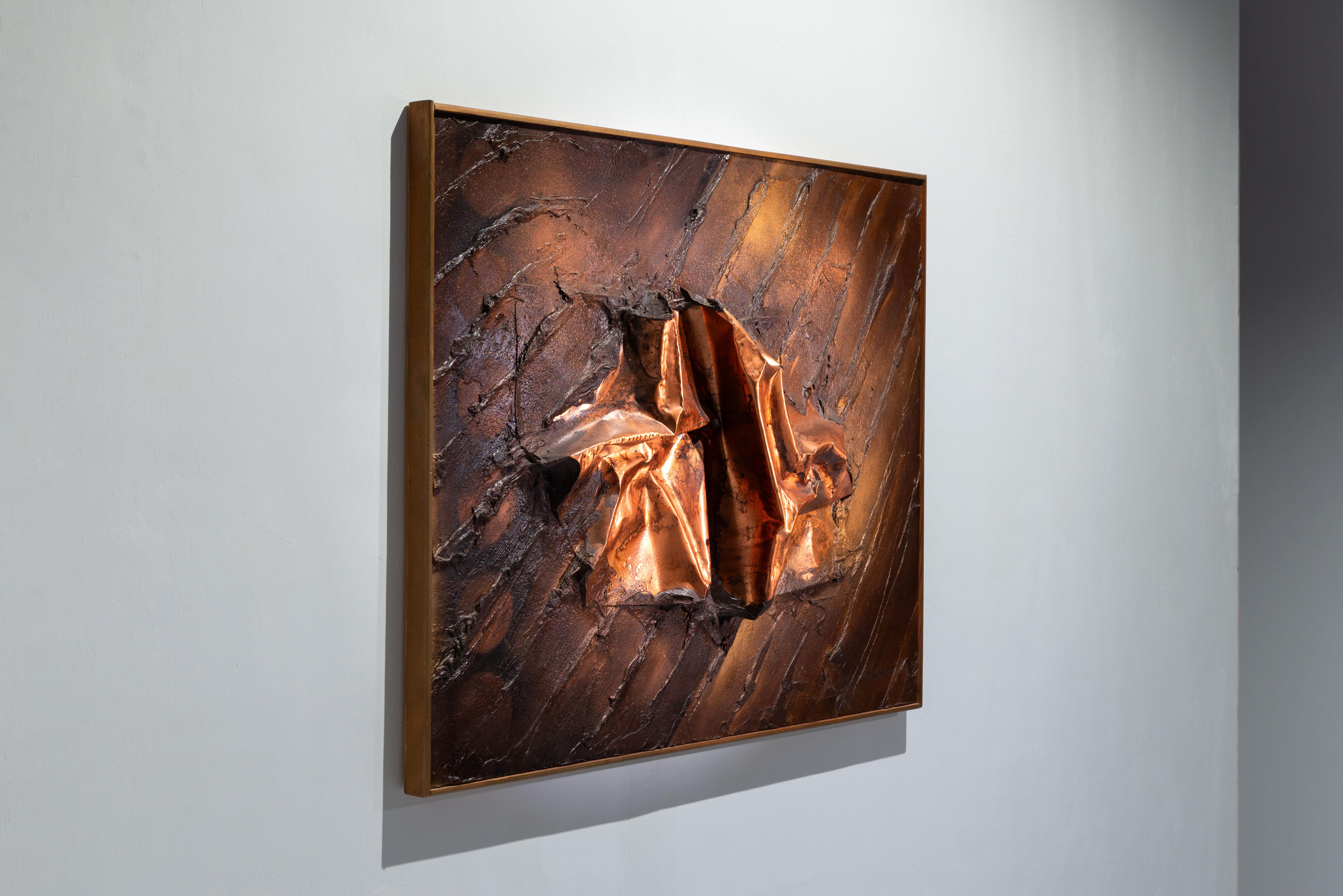 Striking early copper relief painting by Alexius Huber, Sweden 1960. This captivating artwork showcases Huber's innovative approach to form and material. Crafted in the 1960s, the piece features a dynamic composition with bold textures and a rich