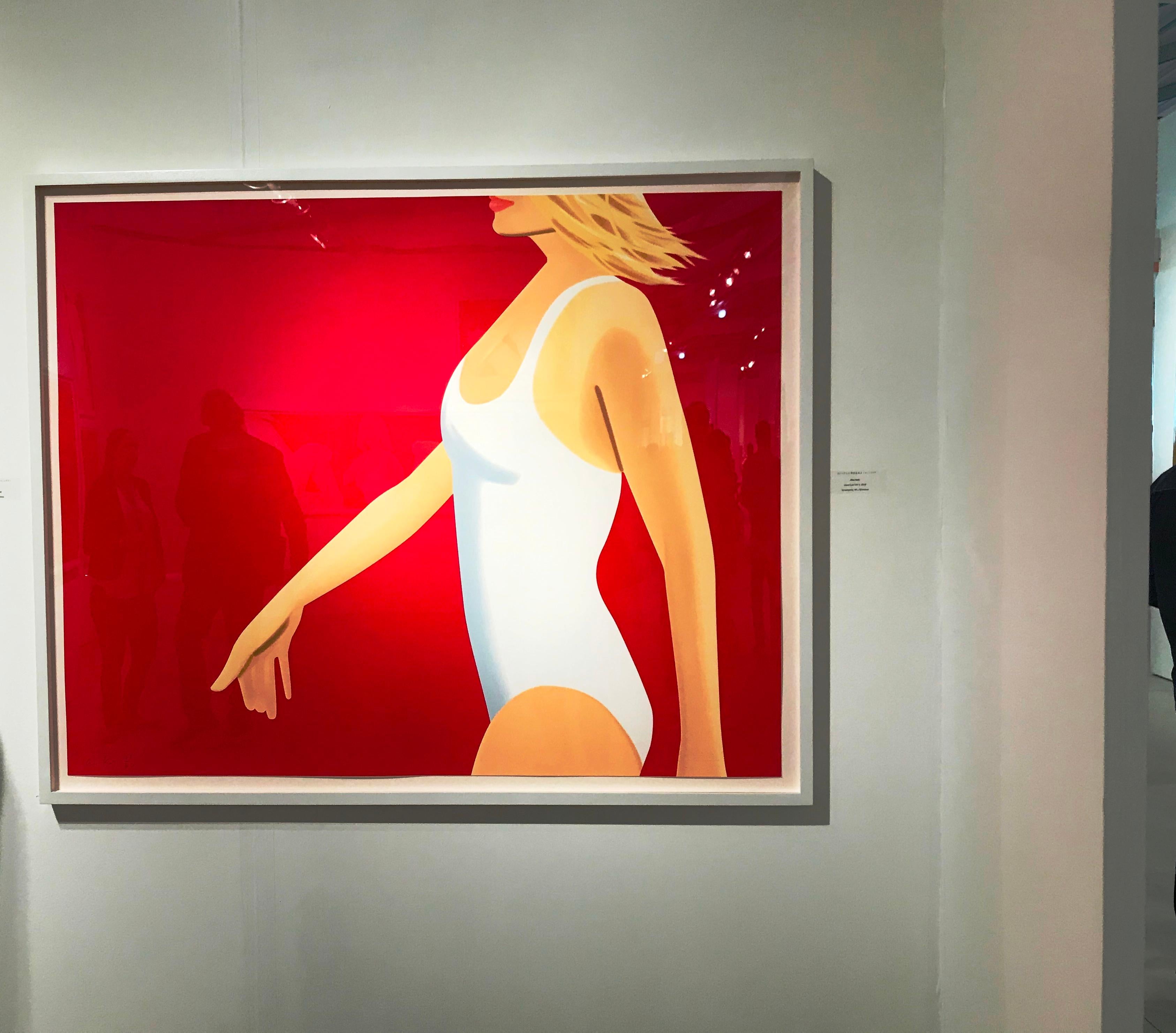 Alex Katz's newest series of works is red and fun and very characteristic of his famous figures.  It is framed in a white shadow box frame and white mat.  From an edition of only 60 works worldwide, this is poised to be an incredibly popular series