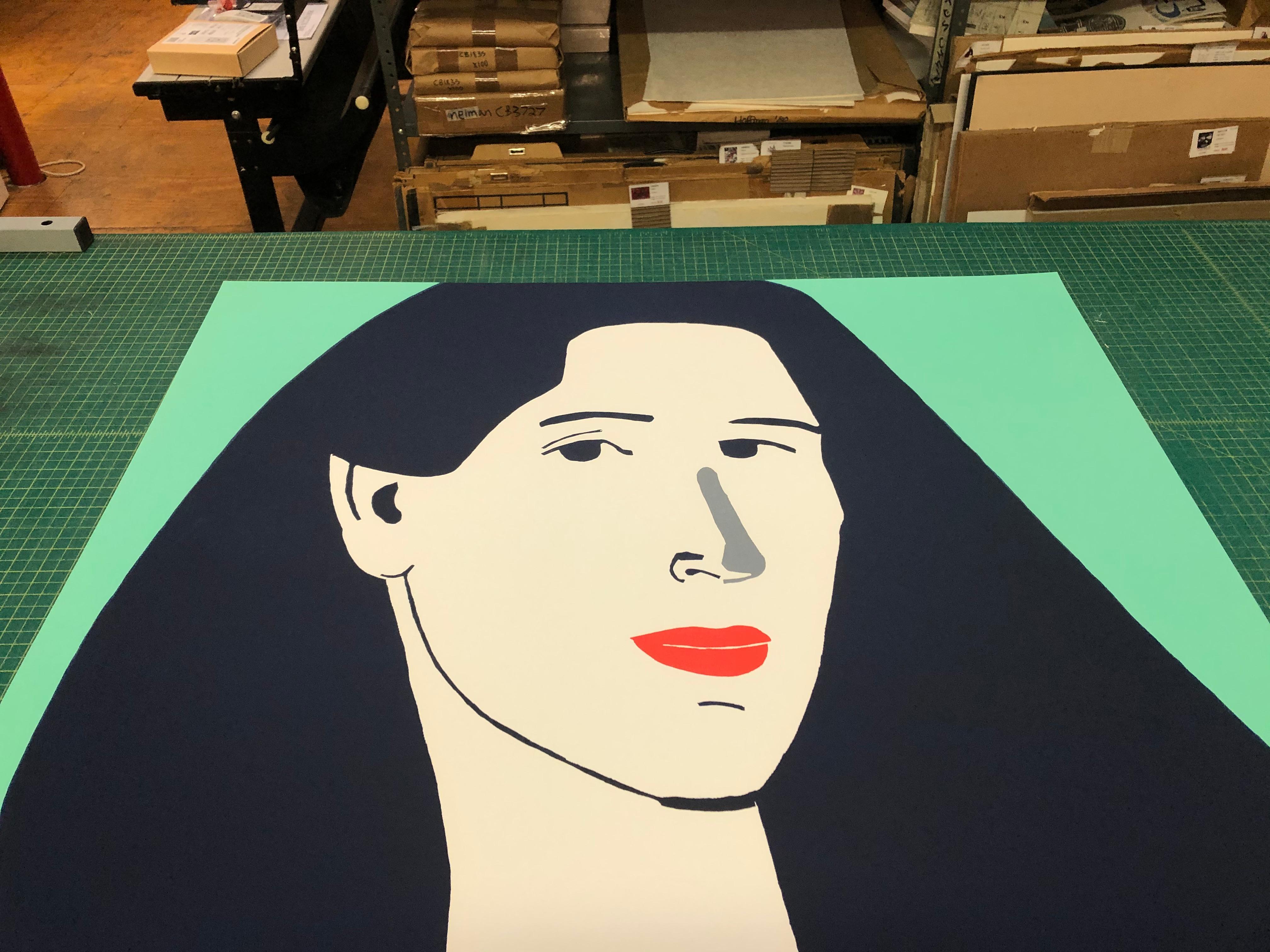 Signed and Numbered 5 out of 70 by Alex Katz.  4 color linocut, published by Lococo Fine Art.  A portrait of a curator Katz met at a painting exhibition in Salzburg, Germany during the 1960s. Katz attempted to capture her, in his own words,