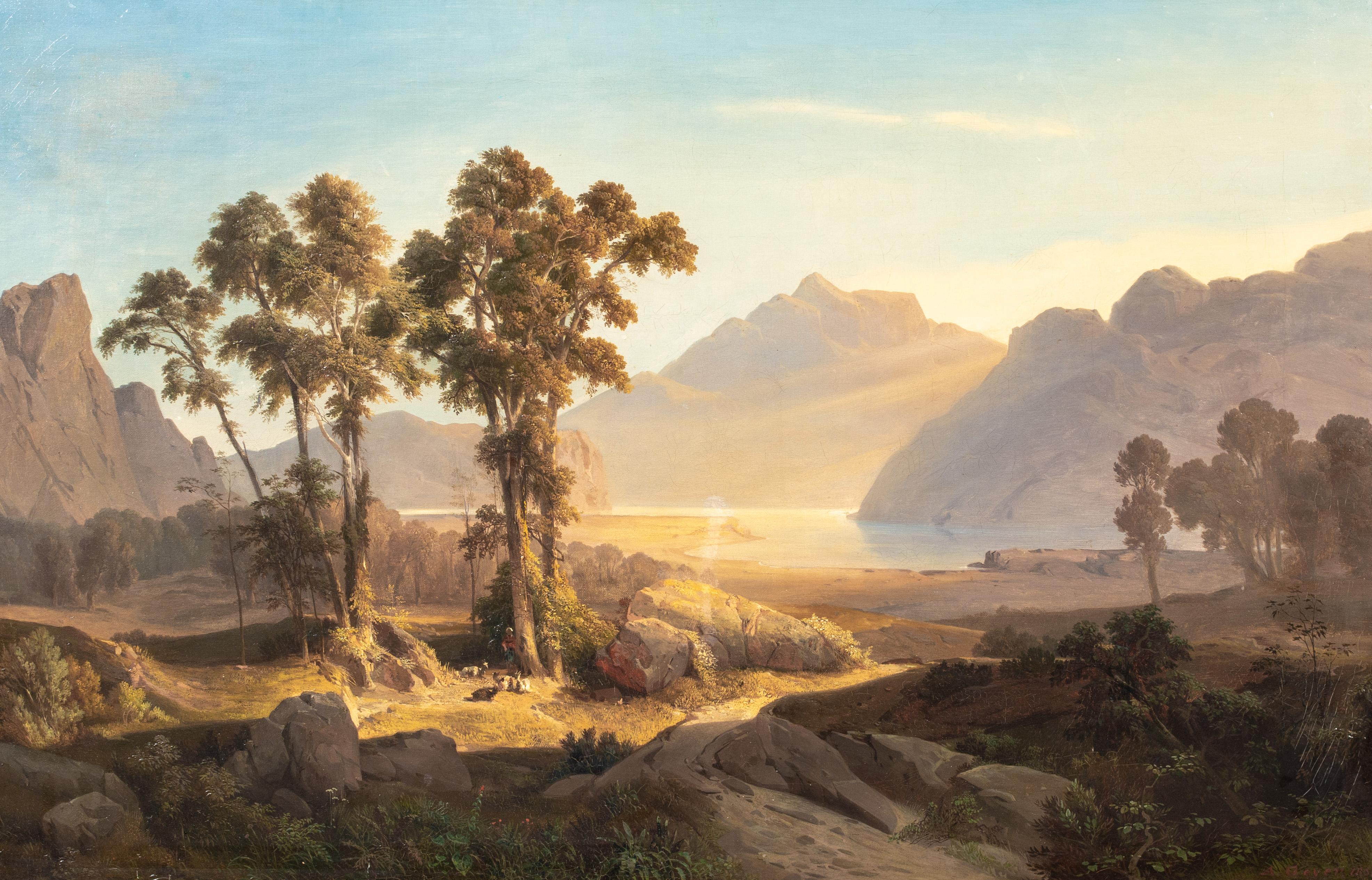 Alexus Geyer Landscape Painting - Lake Asphaltites (The Dead Sea) at Sunset, dated 1855