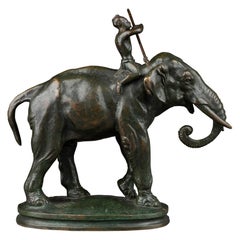 Alf. Barye : "Mahout auf einem Elefanten", Patinierte Bronzeskulptur C.1880