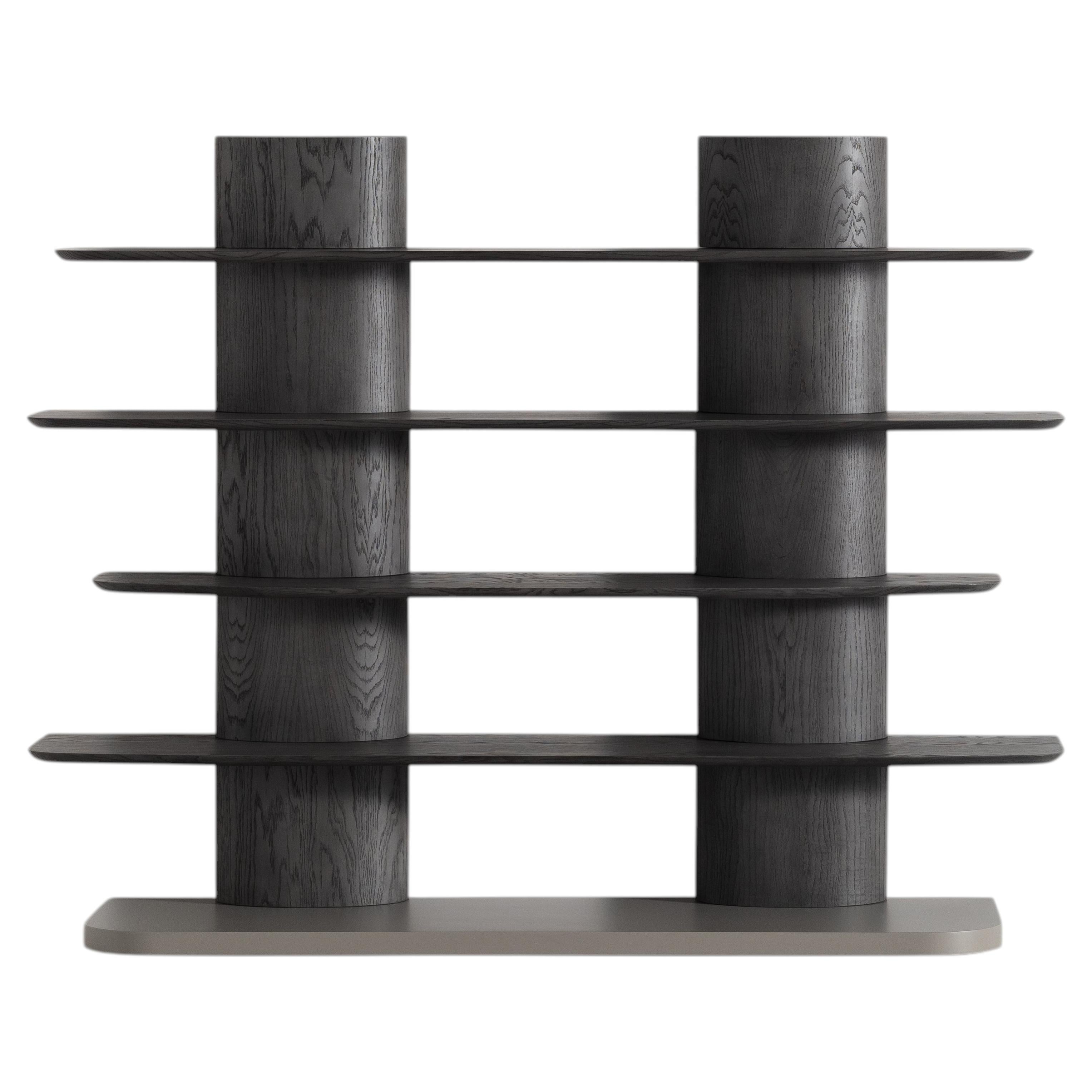 ALF Sculptural Bookcase in DARK OAK Wood with Dark Grey Lacquer Base